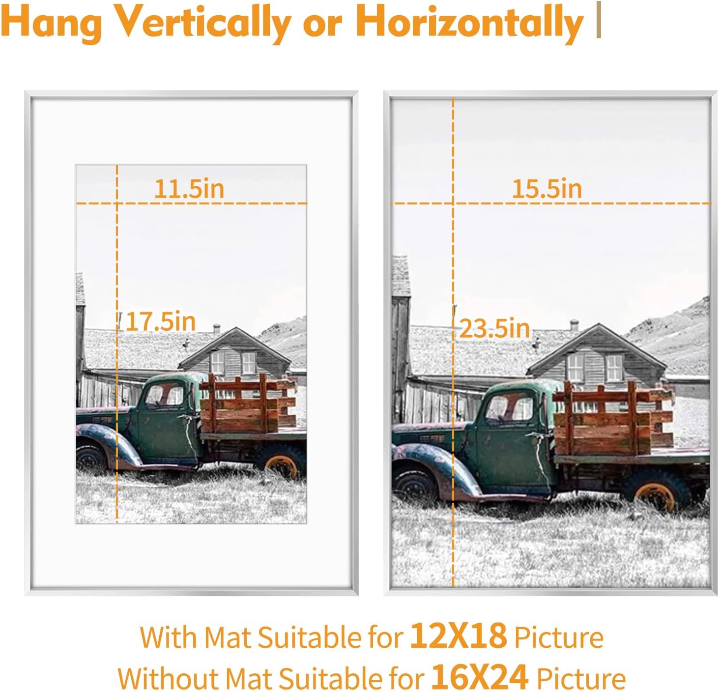 Golden State Art, 16x24 Silver Picture Frame Displays Photo 12x18 with Mat or 16 x 24 Without Mat for Wall Mounting, Classic Satin Aluminum Frames with Real Glass (Pack of 1)