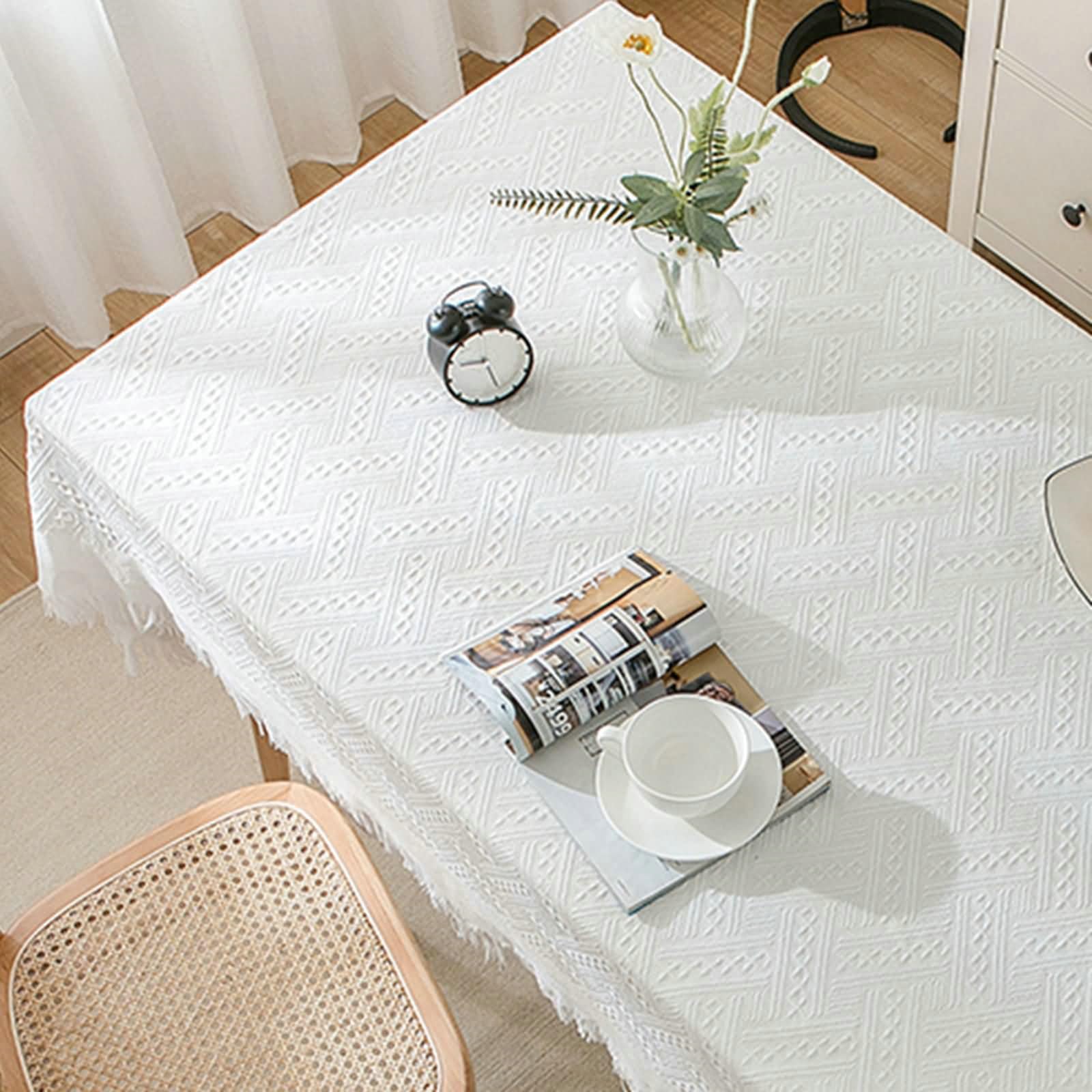 Tovaglia da Tavola 90 x 240cm, Tovaglia Rettangolare Lavabile Bianco Motivo Rombi con Nappe Tovaglia da Tavola