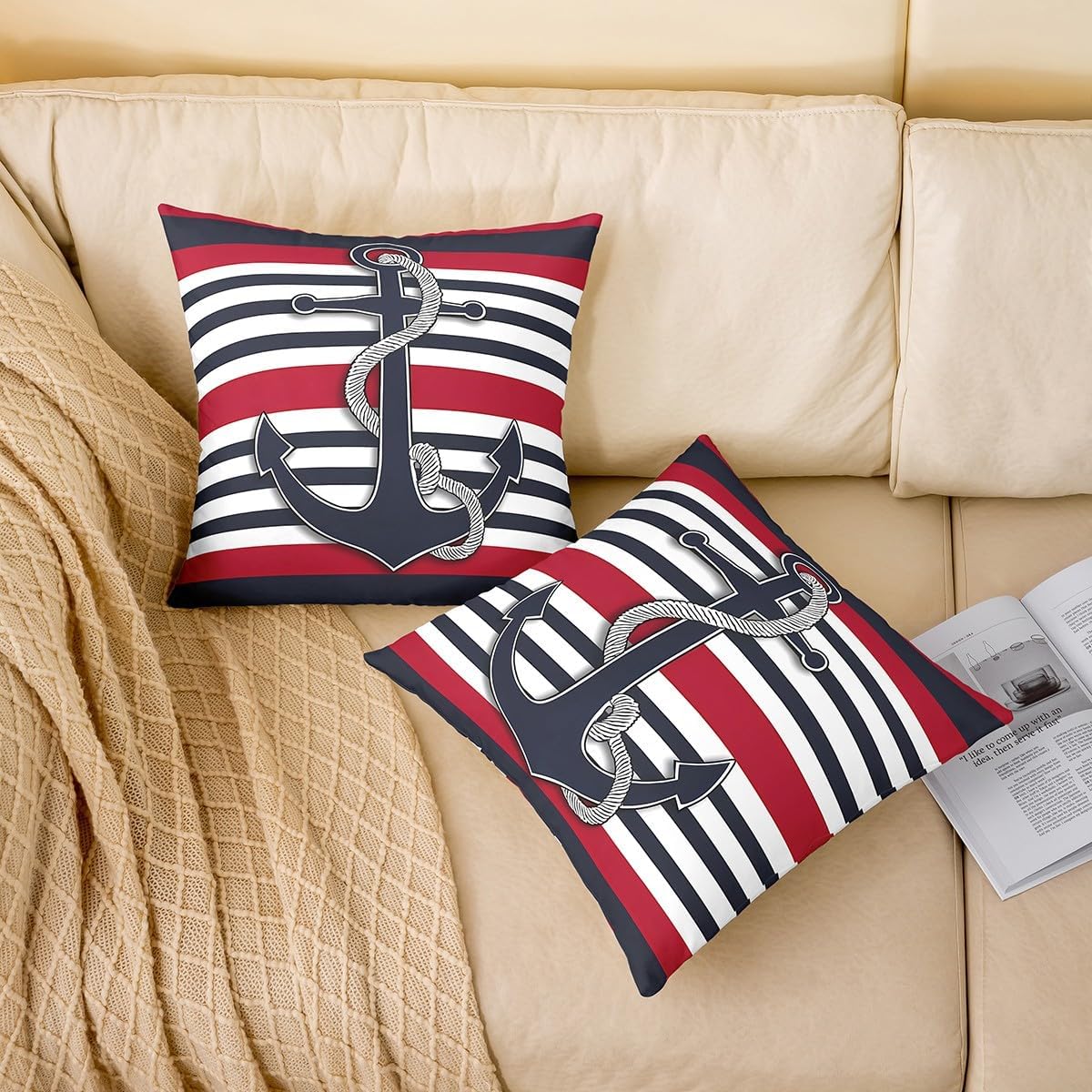 Feelyou Anchor Decor Pillow Covers Home Decor Nautical Themed Ocean Reversible Throw Pillow Covers for Coastal Sea Adventure Duvet Navigation Blue Red Stripe Cover 22 x 22-Inch