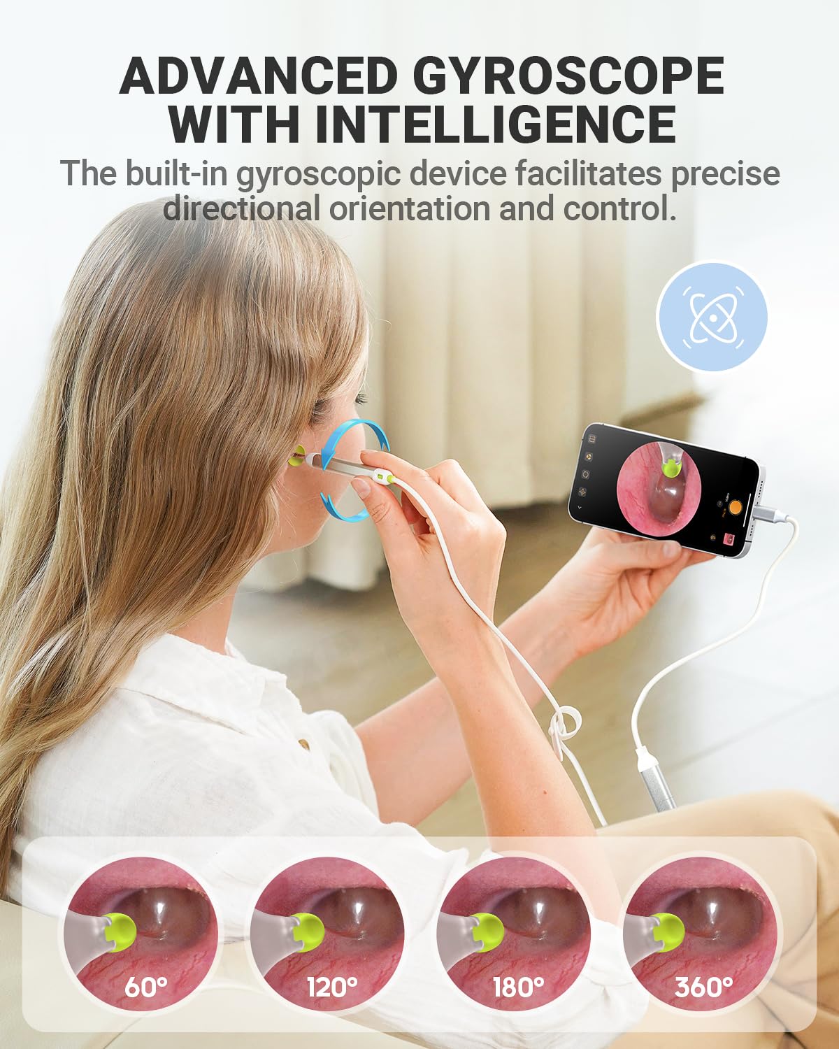 Otoscopio digital con giroscopio, cámara de oído HD con herramientas de eliminación de cera, otoscopio de video con luz, compatible con iPhone y Android (plateado)