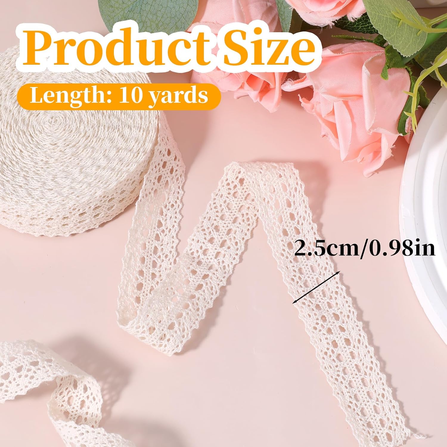 Lace Ribbon, 1 Inch Wide 10 Yards Beige Vintage Cotton Lace Trim for Sewing Decorative Crocheted Lac Fabric for DIY Crafts, Gift Wrapping, Scrapbooking, Wedding Home Decoration