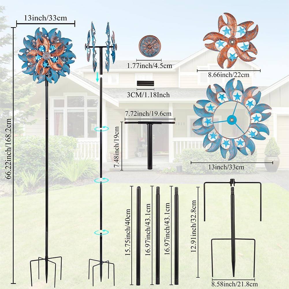 Wind Spinner Outdoor,Blue Copper Kinetic Metal Wind Spinner for Yard,Rustproof＆Waterproof Wind Sculpture,Metal Pinwheels for Yard Lawn Yard Art Outdoor Decor 13 * 66.2 inches