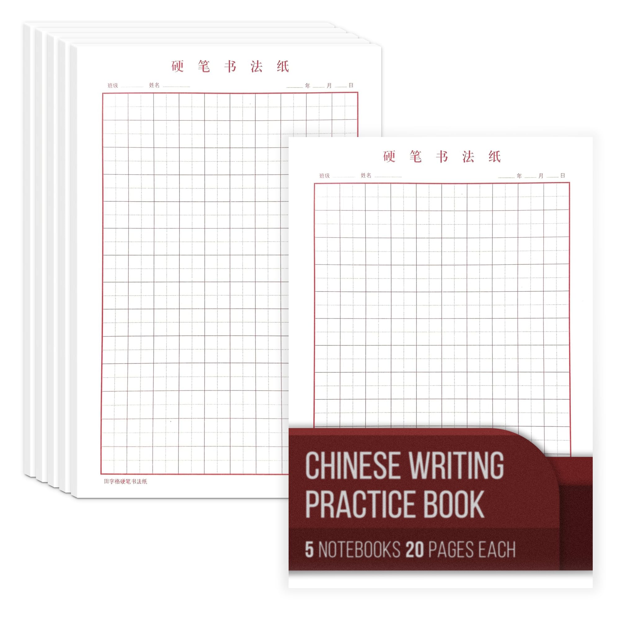Vladi Creative Chinese Writing Paper – 100 Sheets of Tianzige Gridded Paper, Calligraphy Character Exercise Workbook, 5 Notebooks for Learning