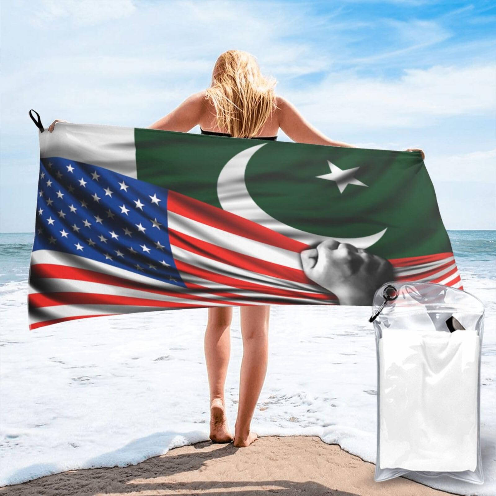 HACXZ Beach Towel America Flag and Pakistan Pakistani Flag Microfiber Beach Towel Lightweight Absorbent 31.5"X63"