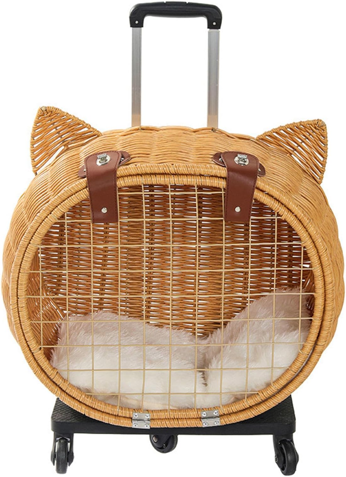 BRDECORImitation Rattan Cat Carrier Puppy Dog Trolley Pet Travel Bag Wicker Cat Shaped Pet Bubble Trolley Case with Wheels for Hiking, Walking & Outdoor,A