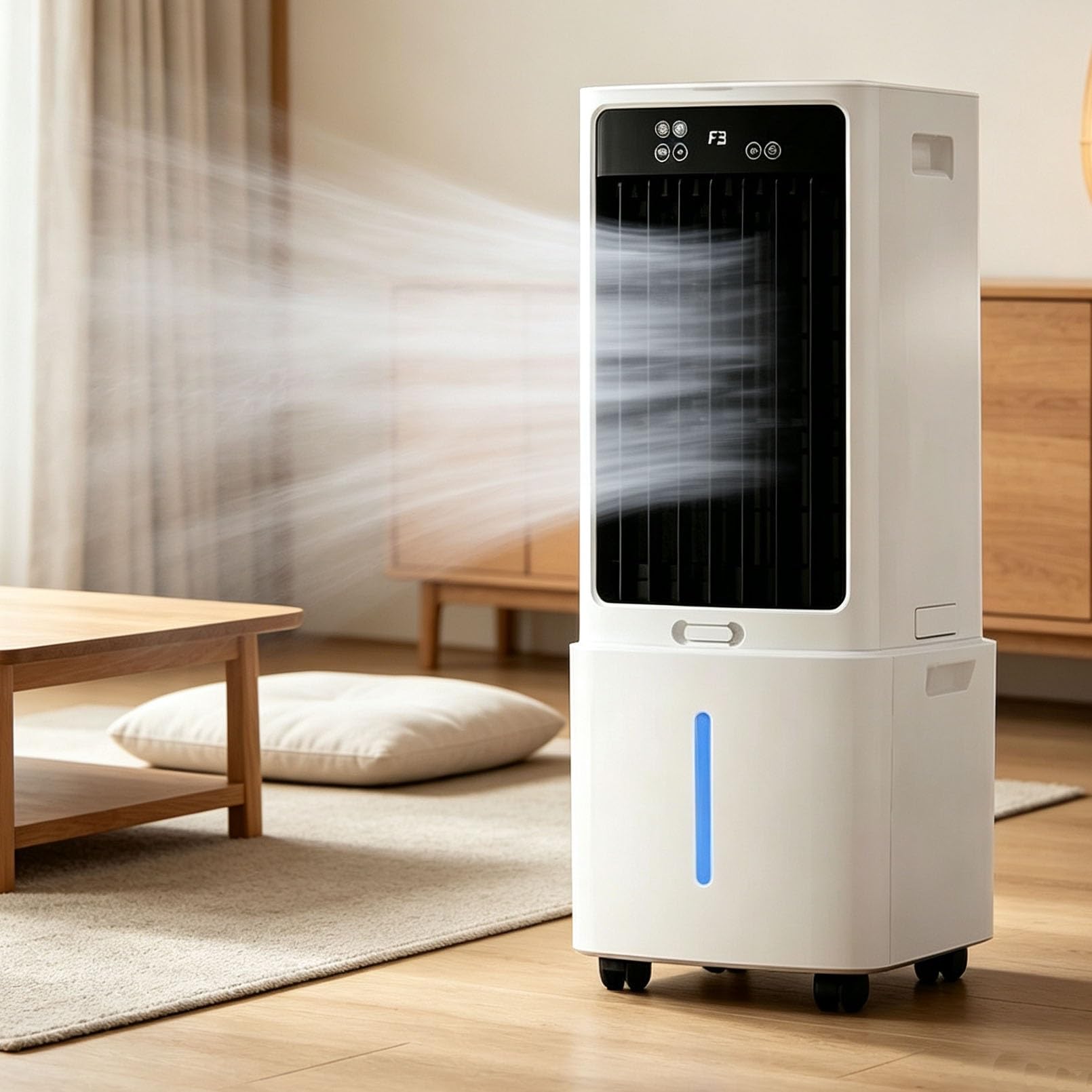 Enfriador de Aire 12L 3 en 1, Climatizador Portátil con Mando a Distancia | Temporizador 12H, Oscilación 120°, 3 Velocidades, Pantalla Digital, 2 Bolsas de Hielo, Ruedas, Confort de Verano