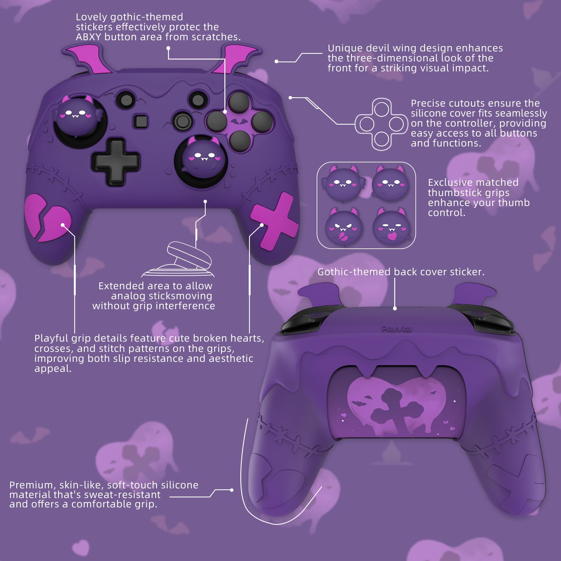 playvital Coque Switch Pro Controller Protective Case avec Protection Joystick Capuchon & Autocollant,Housse Silicone Cover Skin pour Nintendo Switch Pro Manette-Violet,Série Gothic Imp
