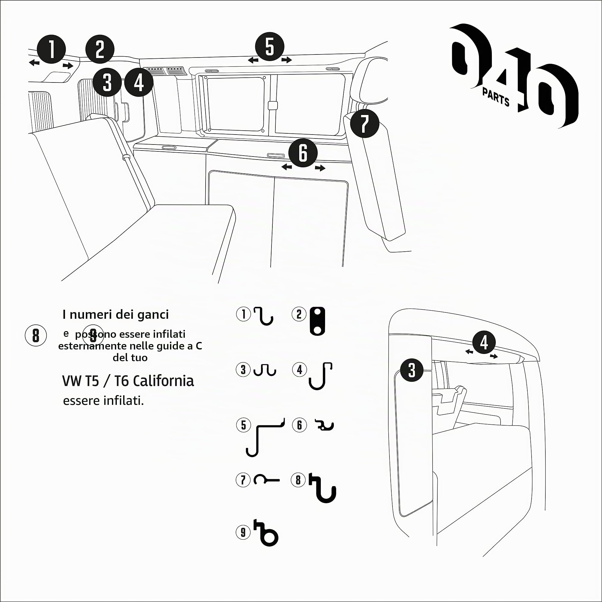 mixcover 040 Parts Set di 10 ganci per VW California T5 T6 T6.1 Bulli Camper Ocean Coast Comfortline