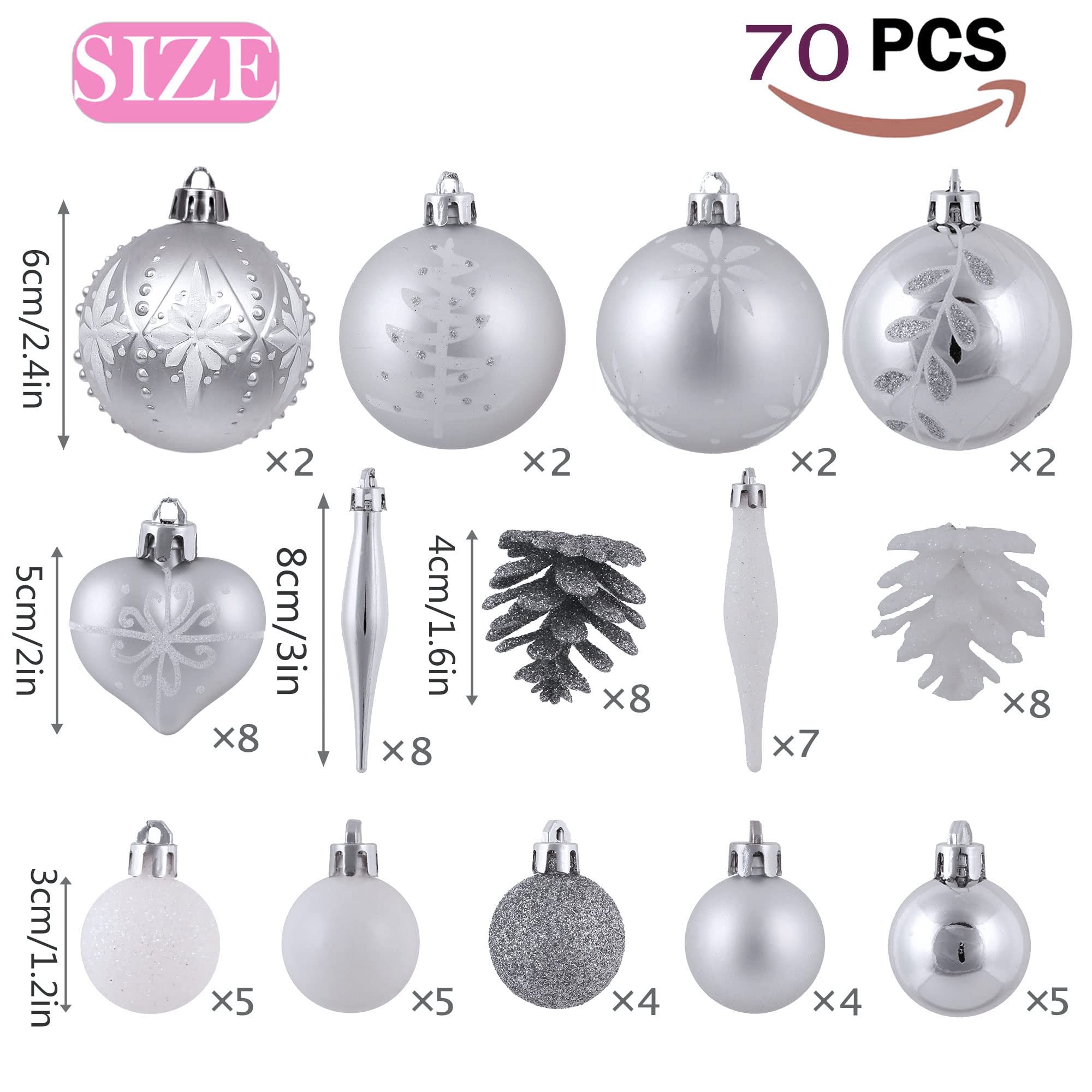 Victor's Workshop 70Pcs Bolas de Navidad Set, Adornos de Navidad para Arbol, Decoración de Bolas Navideños Inastillable Plástico de Plata y Blanco, Regalos de Colgantes de Navidad (Invierno Congelada)