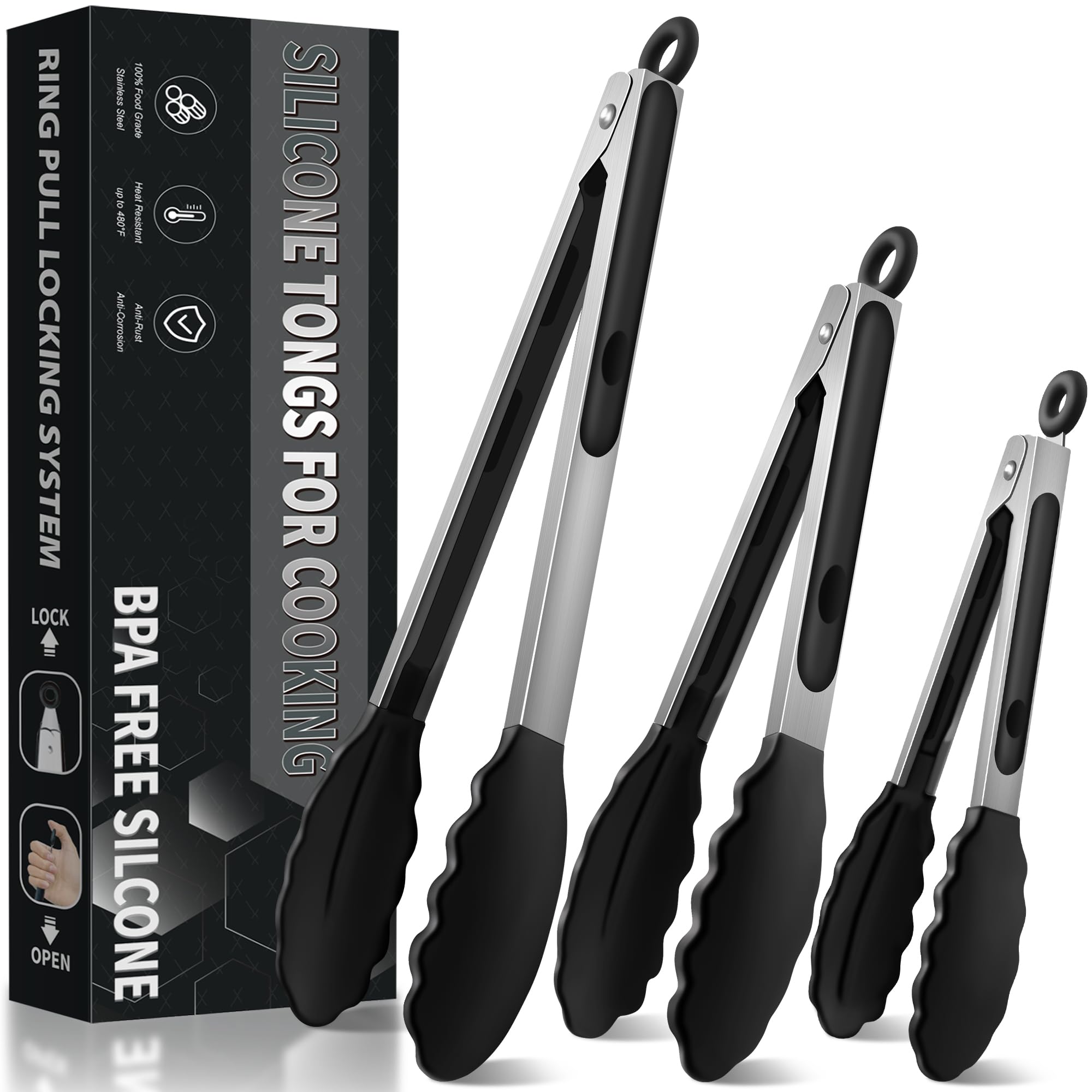 Küchenzange Silikon, 480°F Hitzebeständige Grillzange Kochzange | Edelstahl & BPA-freie Silikonspitzen, küchenzange mit Hitzebeständigem Silikongriff, Kochen & Grillen, 18/23/30,5cm (3er-Set)