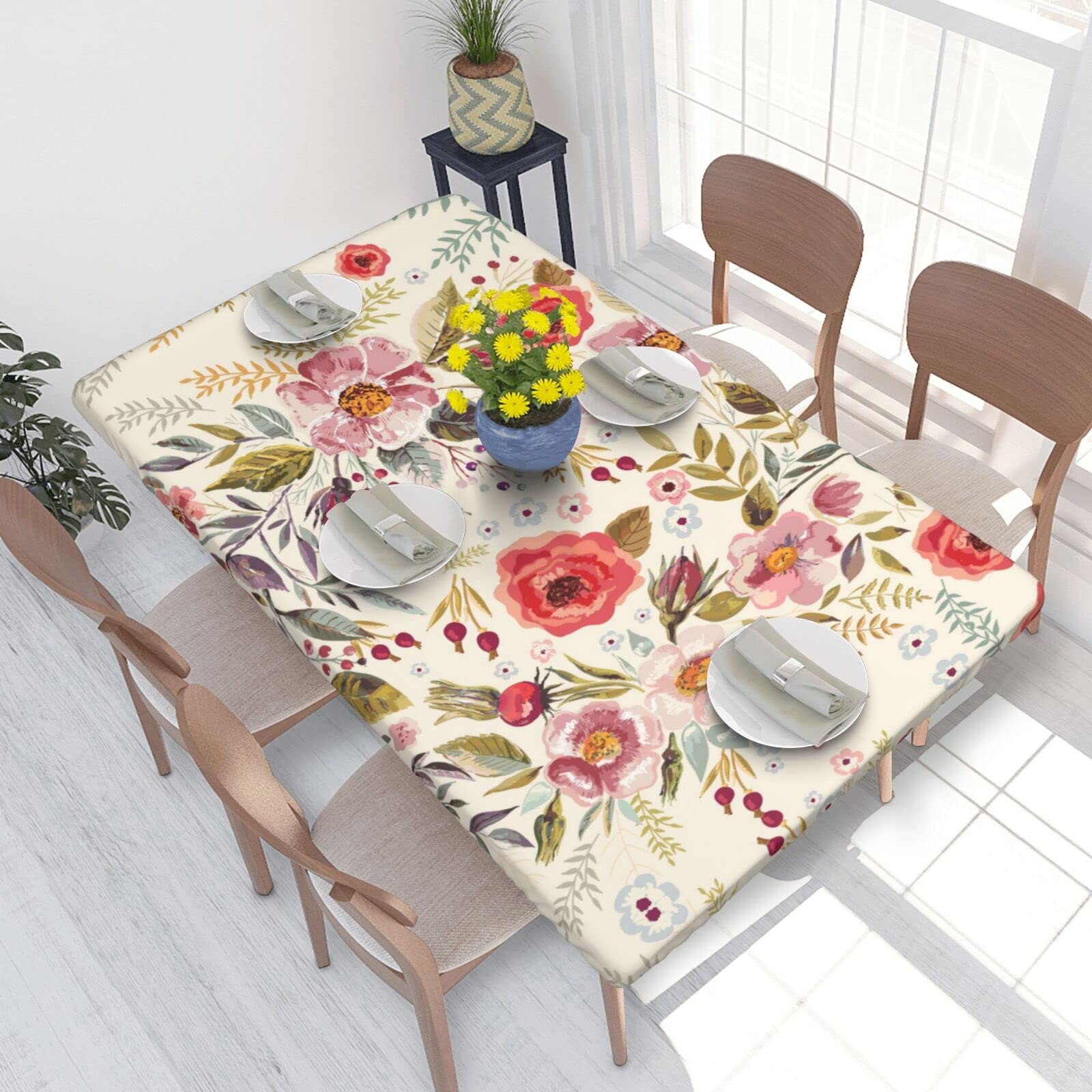 Lsjuee Tablecloth Elastic Fitted Edge Modern Floral Table Cloth Rectangle Table Cover Washable Reusable for Kitchen Dining Picnic Party Fit Table 4ft / 48 X 30 Inch