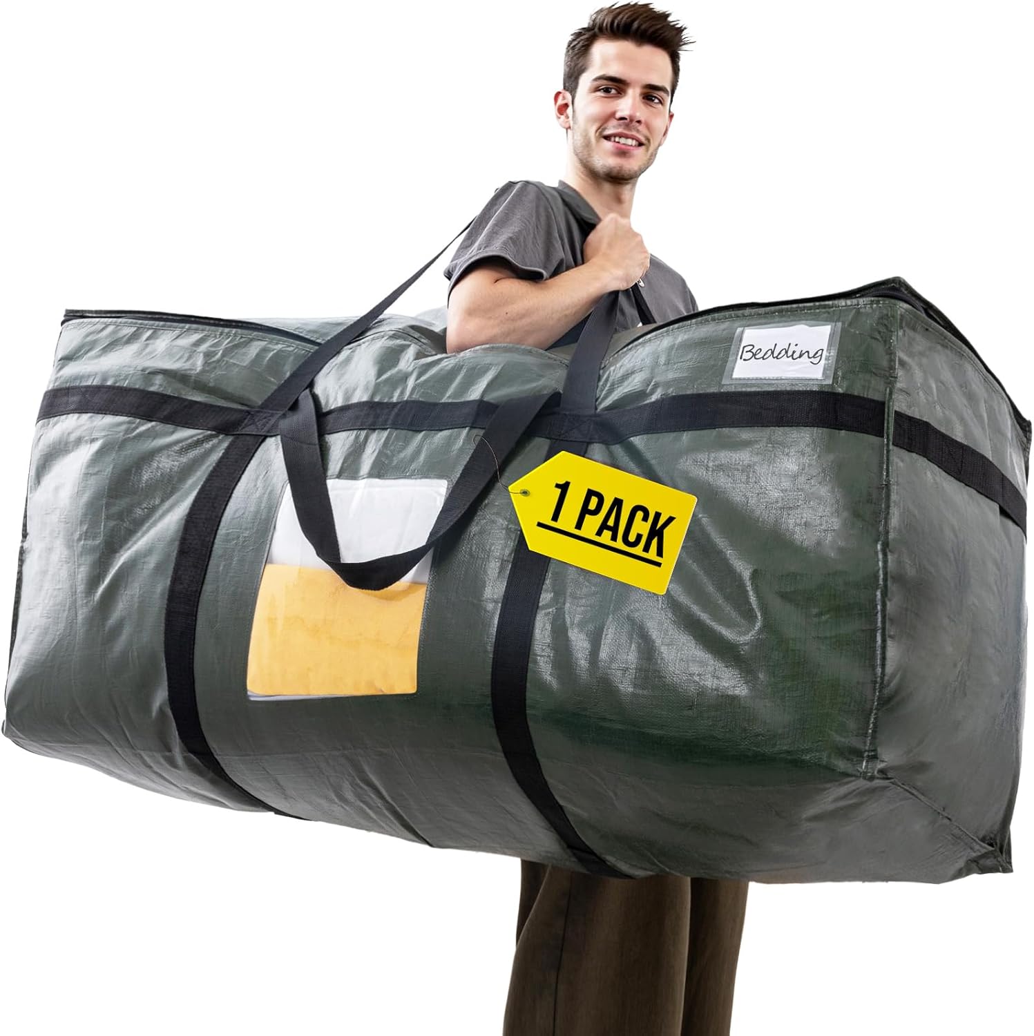 TAILI 69 Gallon Extra Large Storage Bags, XXL Green Heavy Duty Moving Bags For Storage with Visible Window, Wrap Around Handles, Totes for Space Saving, Alternative to Moving Boxes