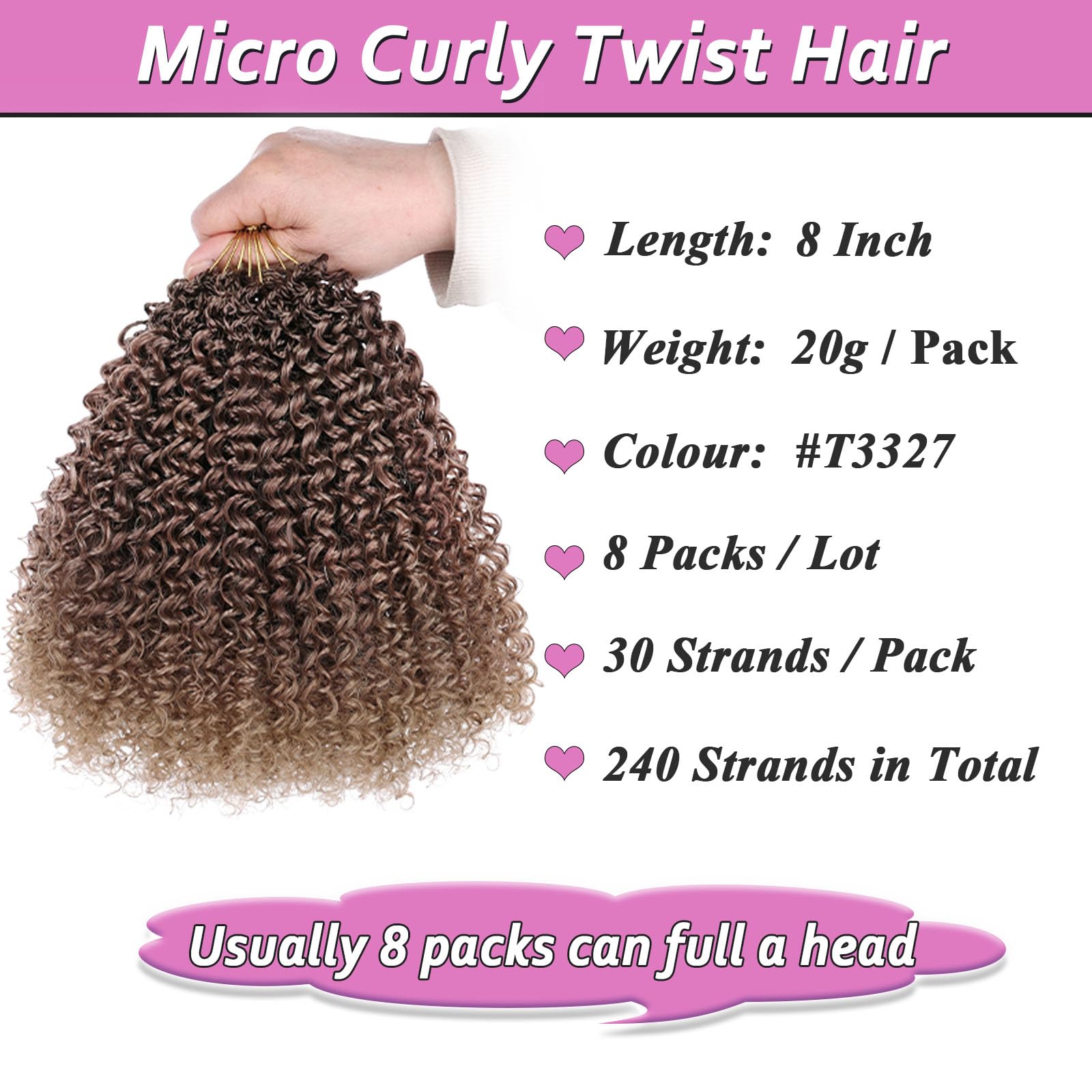 Samtress Micro Kinky Curly Crochet Hair 8 Inch 8 Packs Pre Looped Micro Twist Kinky Curly Crochet Hair Synthetic for Black Women (#T3327) - Image 2