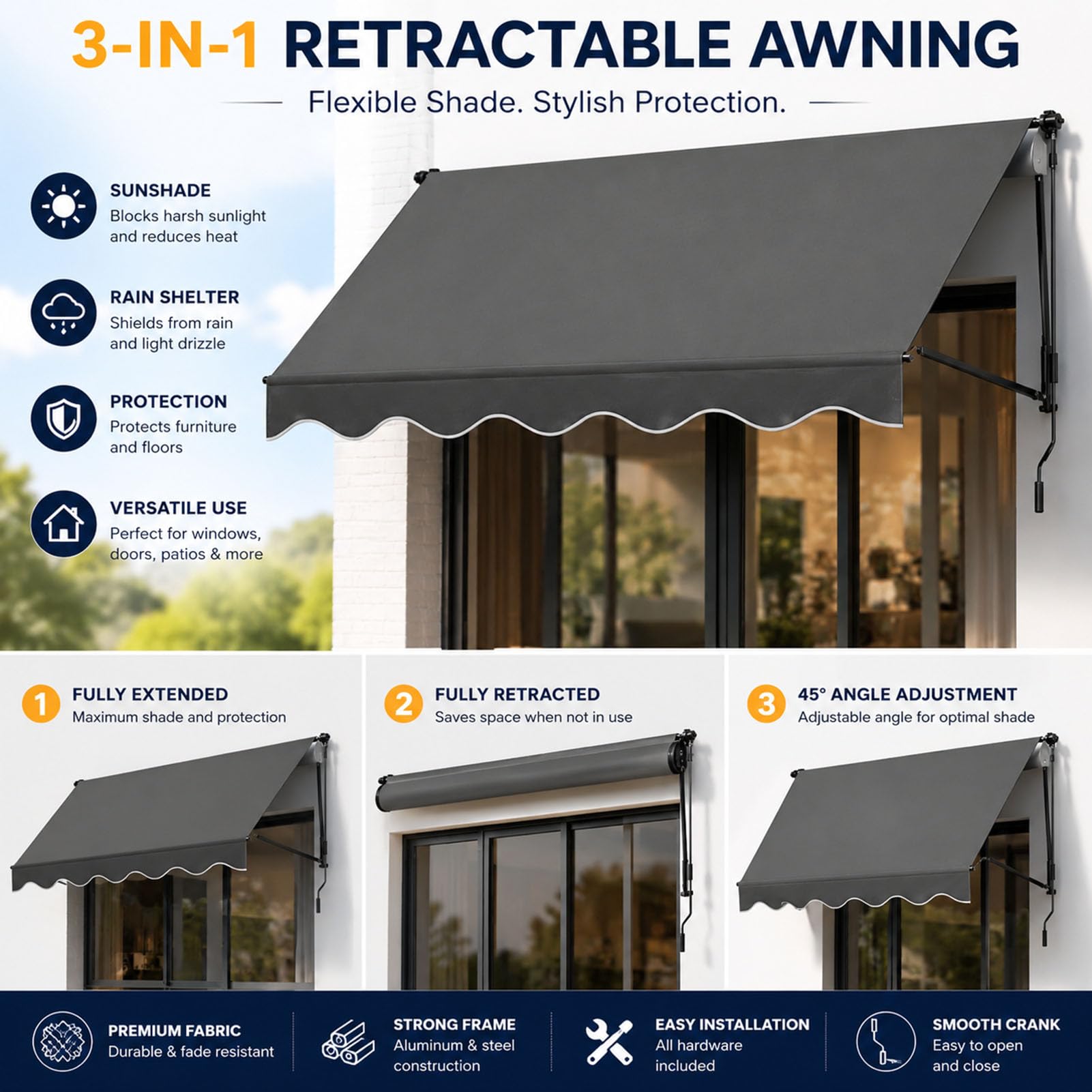 Manivelle rétractable à main avec protection UV et imperméable pour boutiques, cafés, portes et porches Marron à rayures 1 m