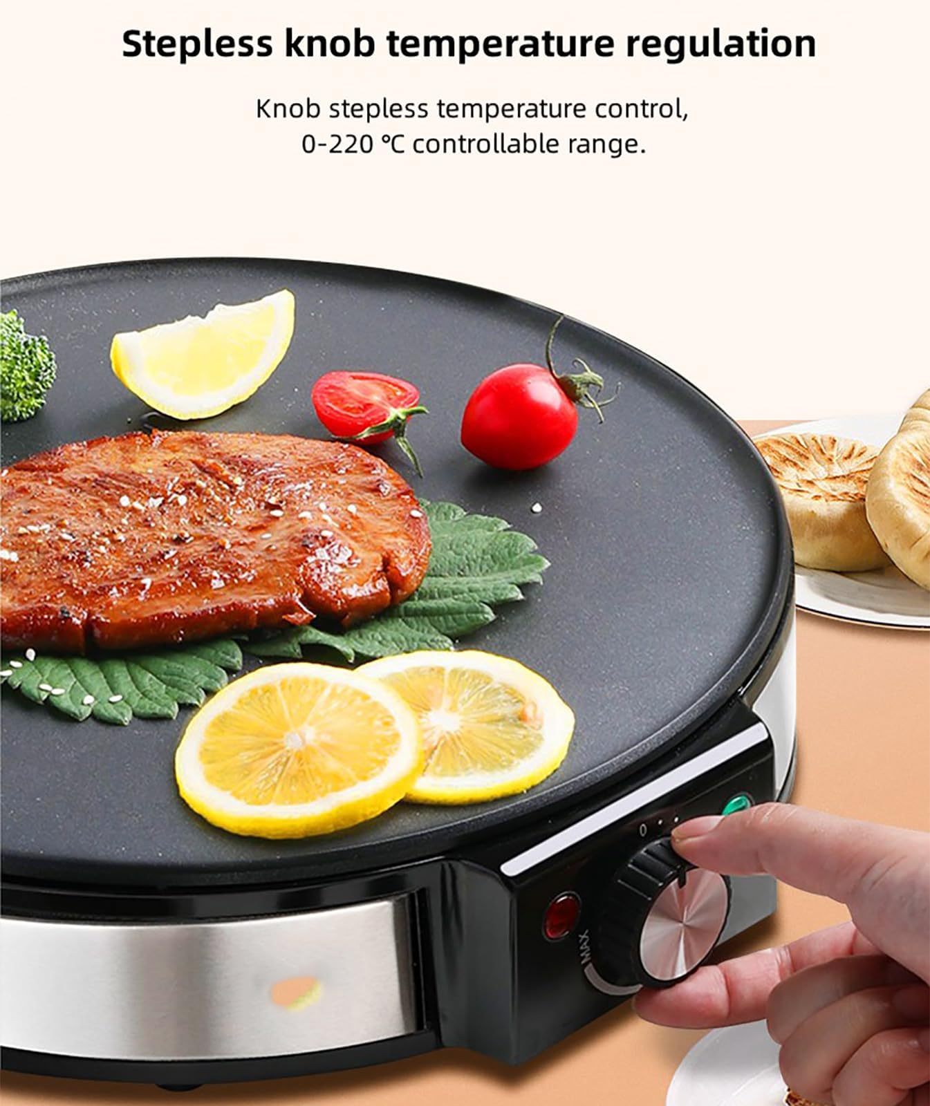 Macchina Per Pancake Multifunzionale, Macchina Per Pancake E Frutta Antiaderente, Diametro 30 CM+Regolazione Continua Della Temperatura+Teglia Integrata Per Uso Alimentare, Per Ristoranti ,Metallic