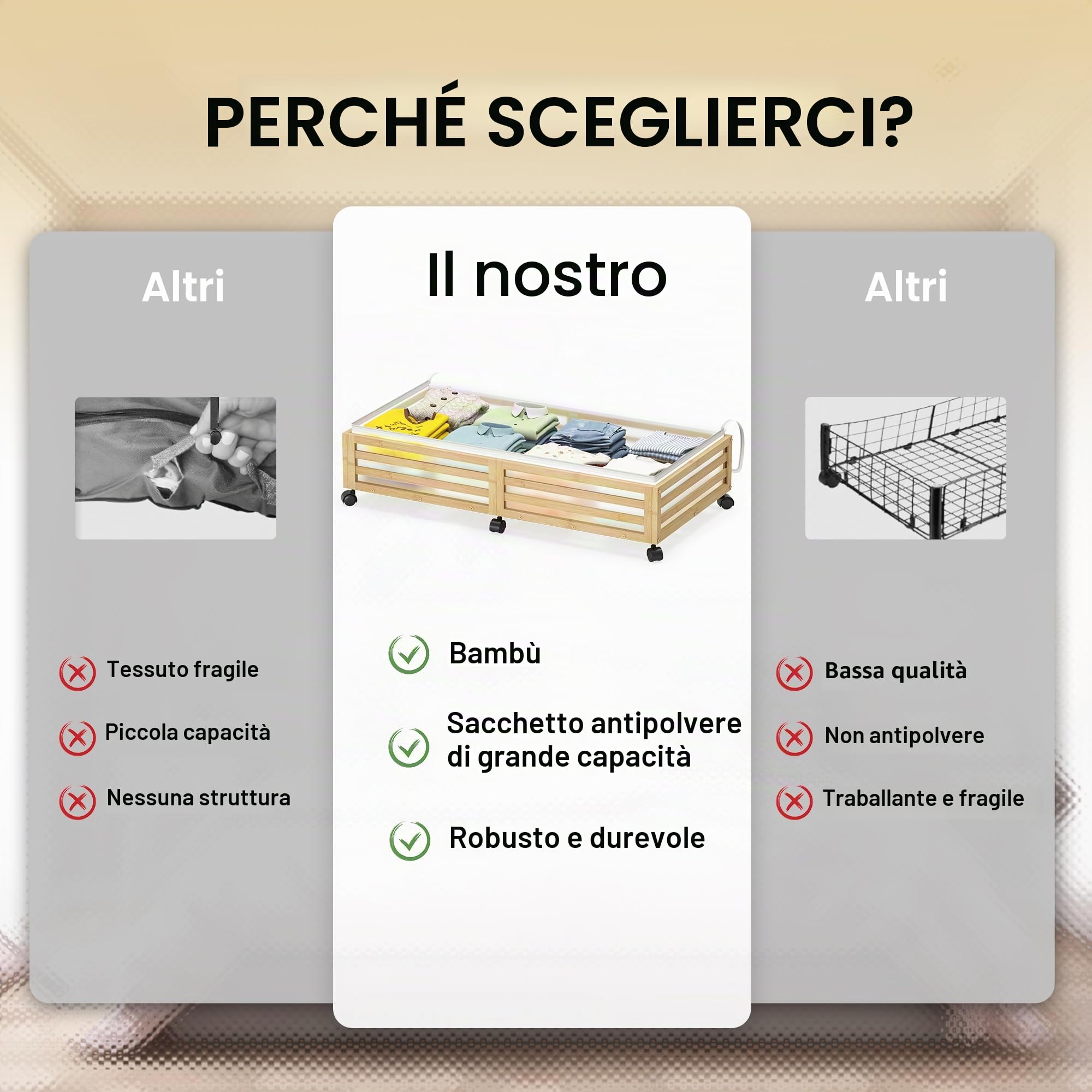 Contenitore sotto il letto con ruote, grandi contenitori in bambù da mettere sotto il letto, con sacchetto per la polvere, impilabili, per riporre vestiti, libri, biancheria da letto e