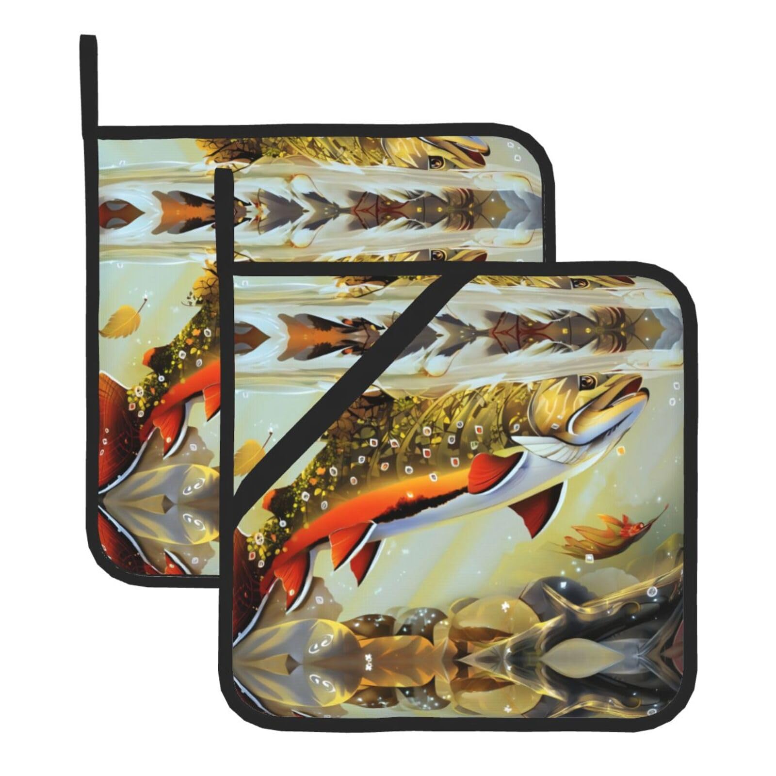 WHJDPP Brook Trout Fly Fishing Prints Square Hot Pads for Kitchen - Waterproof Pot Holders Set of 2, Durable Trivets with Pocket & Hanging Loop for Hot Dishes & Oven Use
