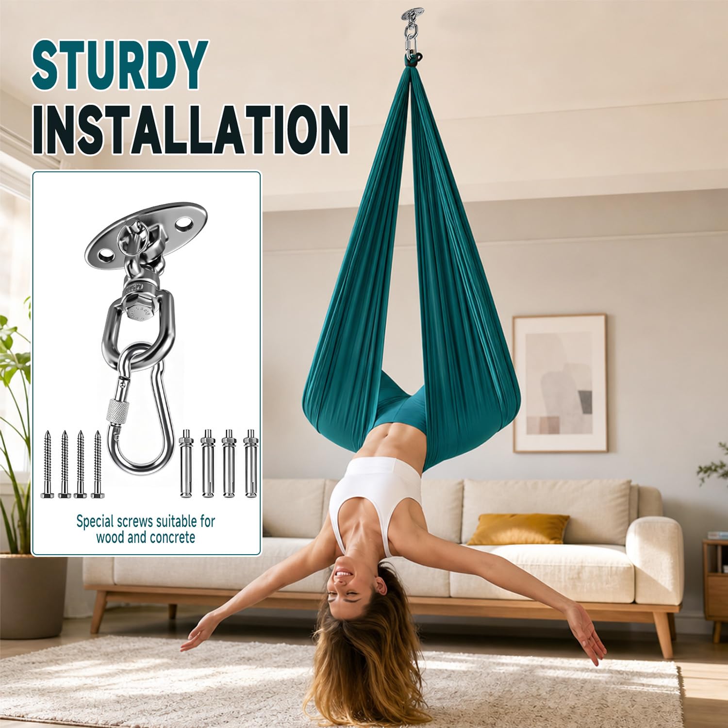 Aerial Yogatuch 280x150cm Yoga-Set für Erwachsene, Yoga Hängematte zum Aufhängen Aerial Yogas Set für drinnen und draußen 200 kg Belastung,inkl. Kompletter Installationshardware für Fitness