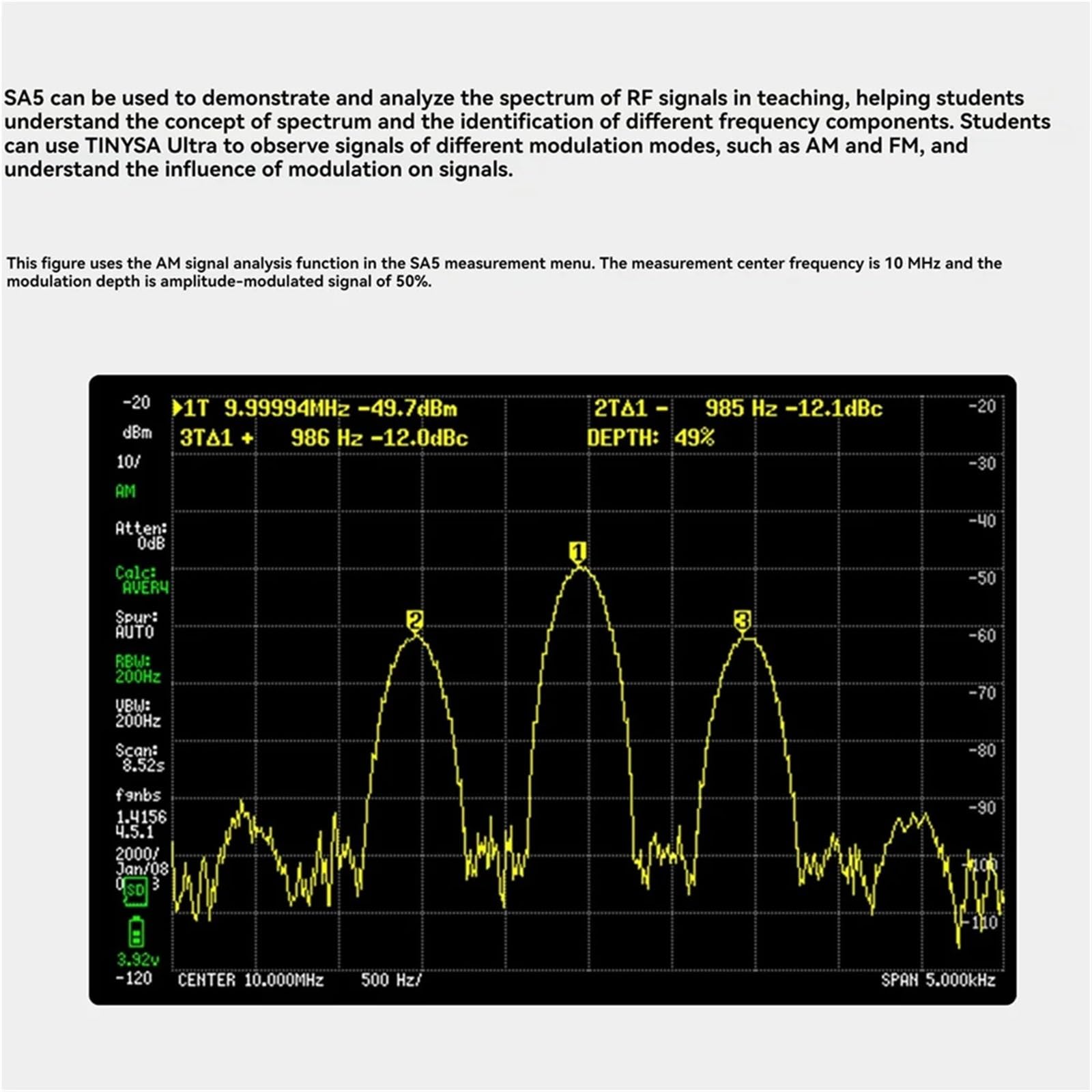 Analizador de Espectro Analizador de espectro portátil multifunción SA5 con pantalla IPS LCD 4 pulgadas, generador señales 100k-5,3 GHz batería