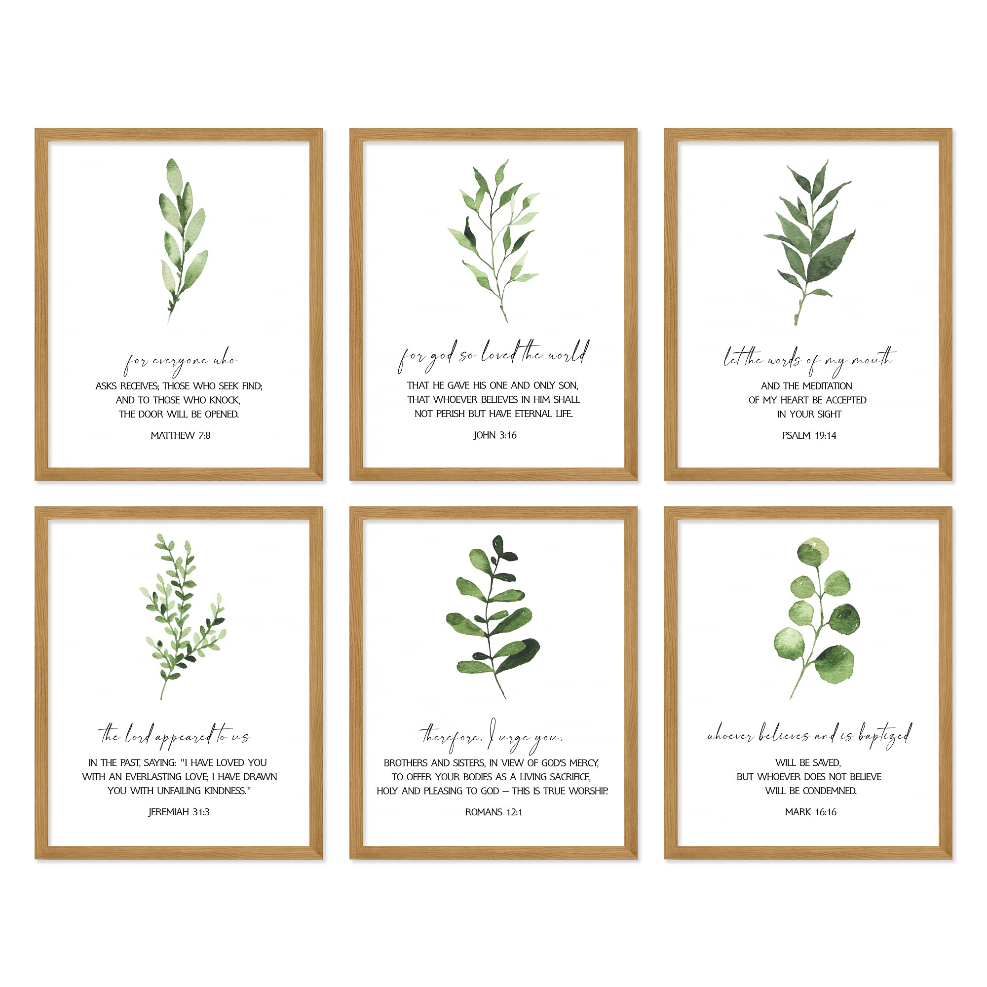 Insire Bible Verses Wall Art, Christian Wall Art - Set of 6 (8x10") UNFRAMED Bible Scripture Wall Art, Christian Decor - Matthew 7:8, Psalm 19:14, Romans 12:1, Jeremiah 31:3, Mark 16:16, John 3:16