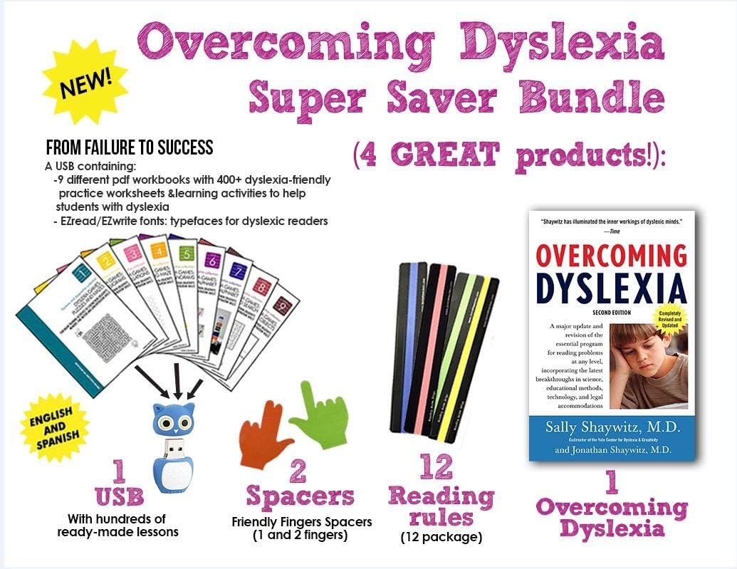 Overcoming Dyslexia (2020 Edition): Second Edition, by Sally Shaywitz + Dyslexia Brain Games USB Flash Drive + Reading Strips (12 PACK) + Finger Spacers | EASY BUNDLE | A New and Complete Science-Based Program for Reading Problems at Any Level | 9 PDF Workbooks Paperback