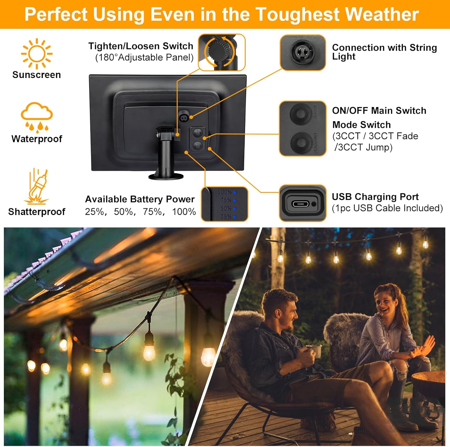 Mlambert 3-Color in 1 Solar String Lights Outdoor Waterproof Dimmable, 48ft Remote LED Patio Lights,15 Hanging Sockets Shatterproof Light for Backyard - Image 4