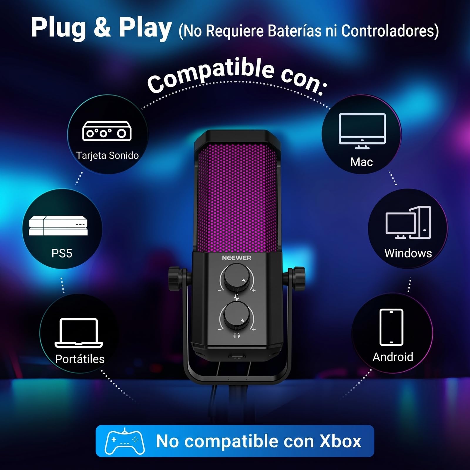 NEEWER UM01 Micrófono USB AI Cancelación Ruido,Mic Condensador Cardioide RGB Plug & Play Mic Mute/Sync Música/APP Control para Android Windows PC Mac PS4/5 Gaming Grabación Streaming Podcasting Studio