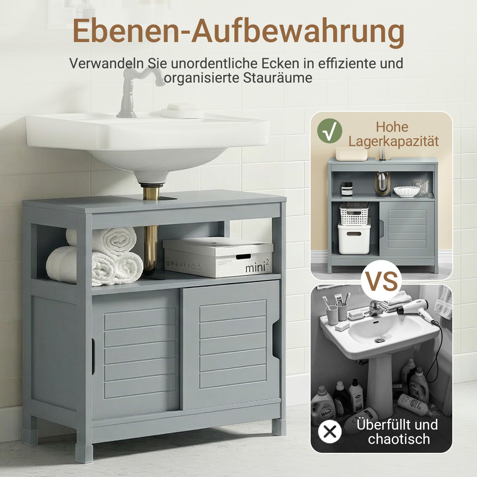 SoBuy Waschbeckenunterschrank Badezimmerschrank - Badschrank mit Fußpolster, Unterschrank Waschbecken - Kommode für Badezimmer, Badmöbel, Stahlgrau, 60x61x30 cm, FRG128-SG