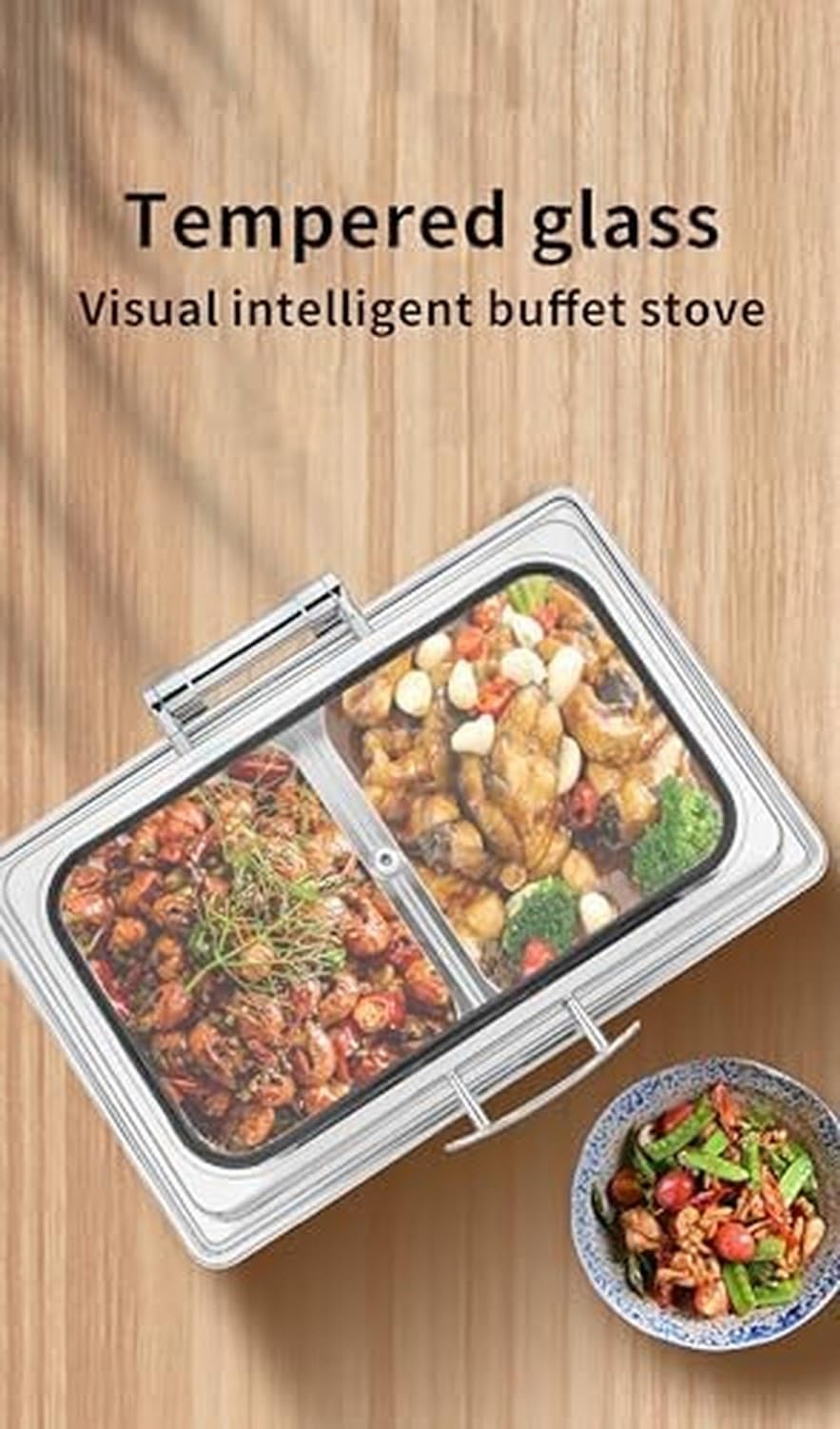 Set di scaldavivande in acciaio inox con coperchio ribaltabile e riscaldamento a LED per catering, banchetti, eventi, scaldavivande, confezione da 2