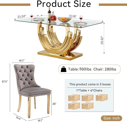 Miniatura 3 de Juego de mesa de comedor de 7 piezas, moderno juego de mesa de comedor de cristal para 6 personas con sillas grises copetudas, mesas de comedor Mesa