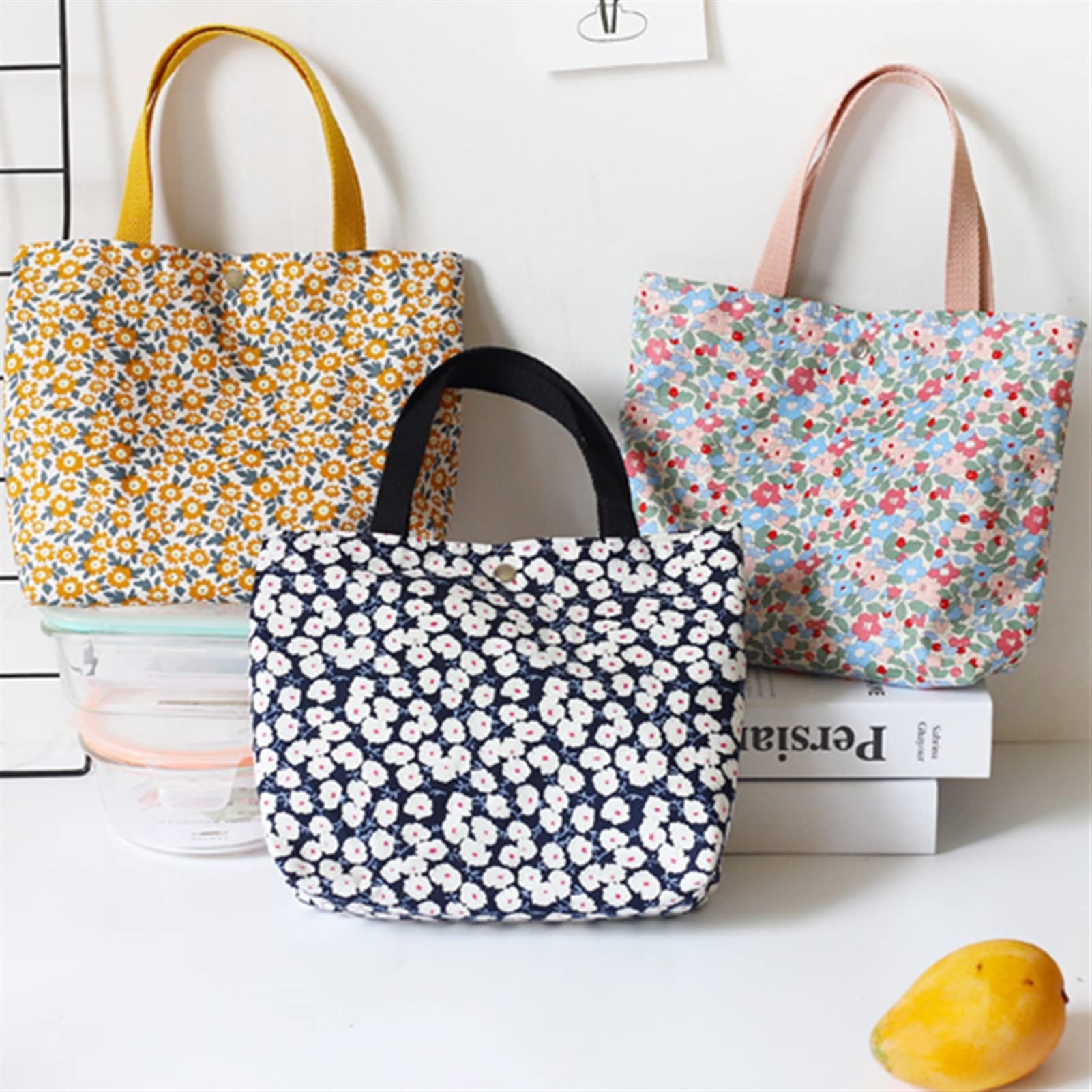 Floral Bento Bag Mini Leinwand Einkaufstasche Bequeme Lunchbox Tragbare Lebensmittelbeutel Nette Picknick Reise Lebensmittel Aufbewahrungstasche Mittagessen Tragetaschen