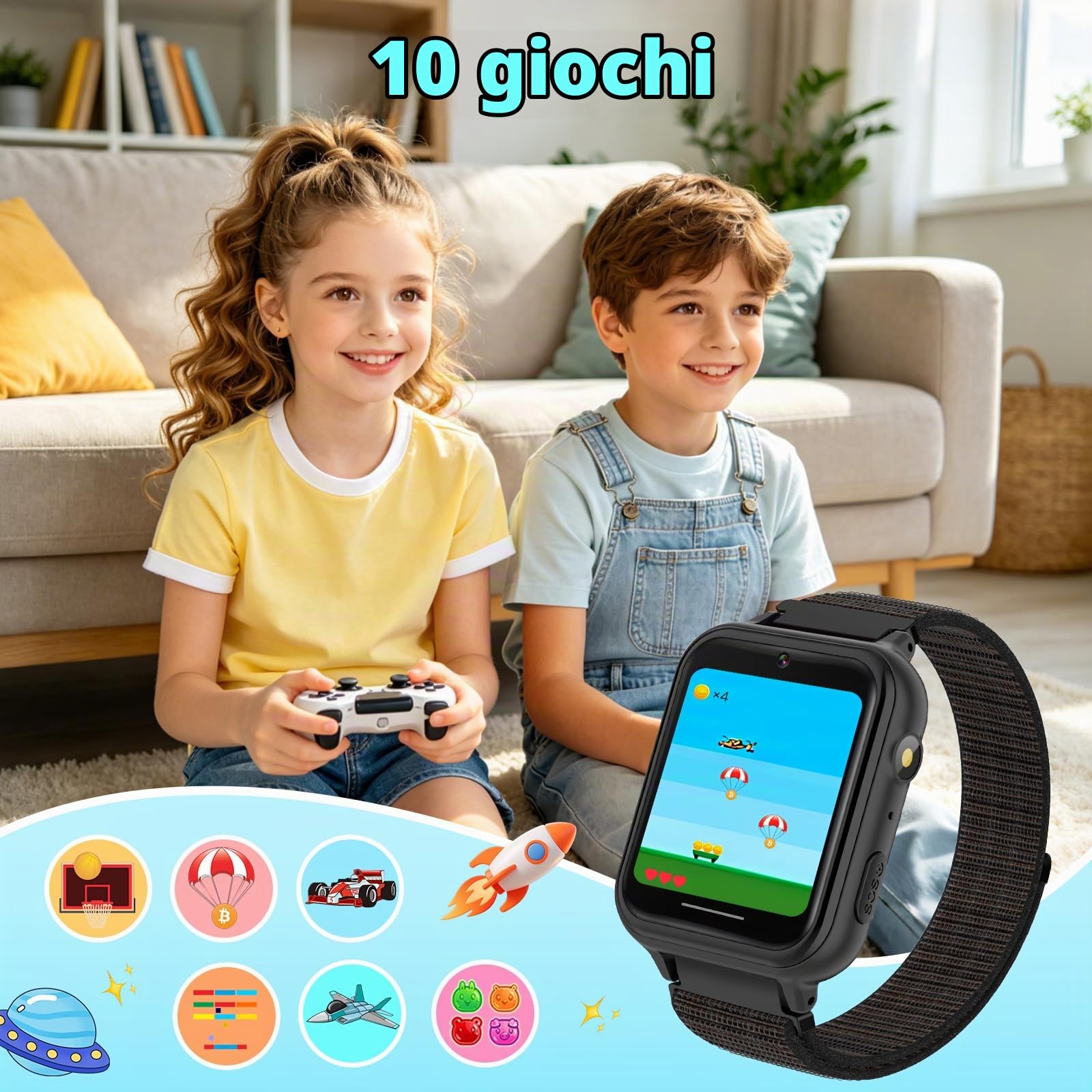 PTHTECHUS Smartwatch per Bambini, Telefono Smartwatch con Lettore Musicale Giochi SOS per Ragazzi e Ragazze Contapassi Fotocamera Orologio per Bambino 4-12 Anni Regalo, Nero