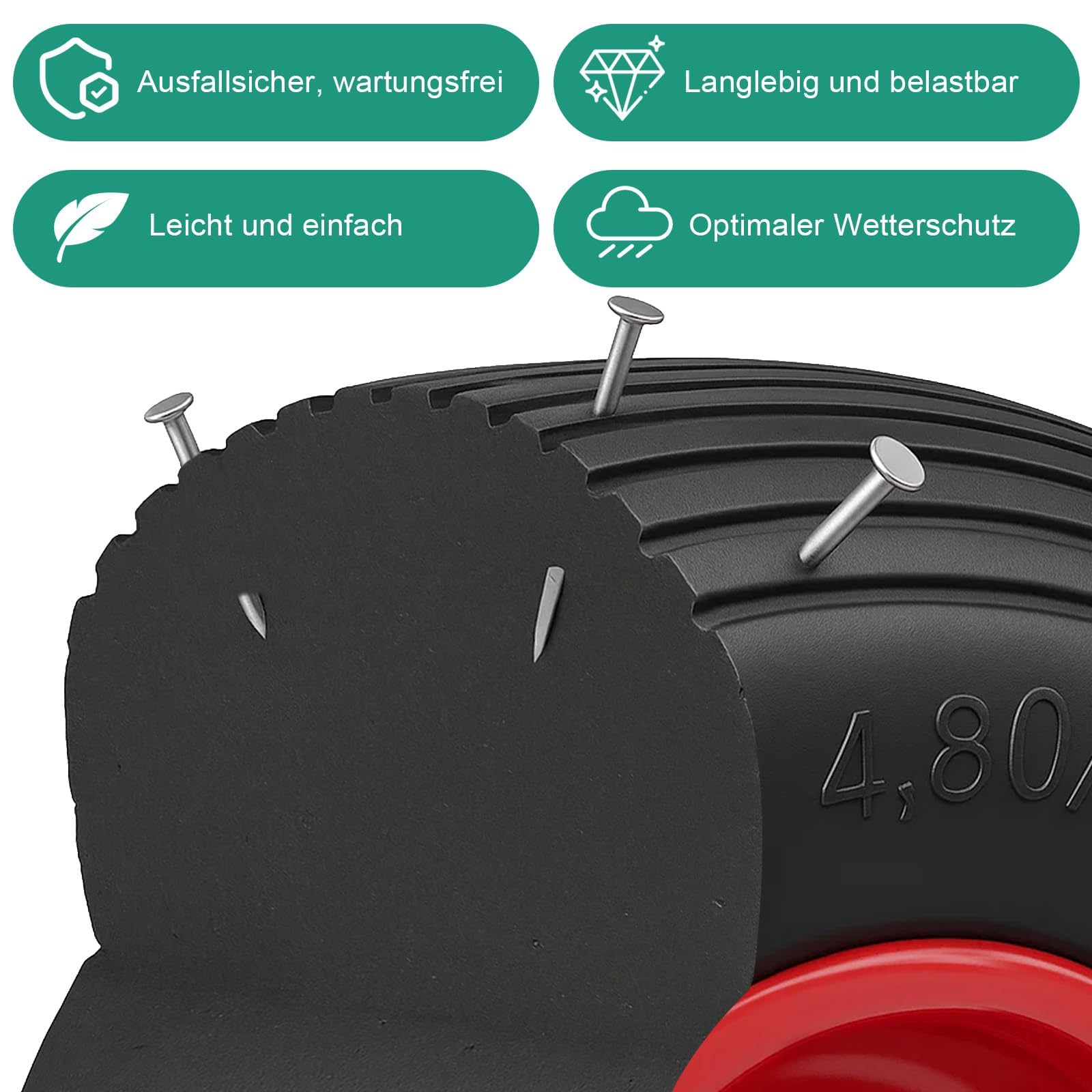 Schubkarrenrad 4.80/4.00-8 PU Vollgummi pannensicher – Ersatzrad für Schubkarre mit Rillenprofil, langlebiges PU Rad für Gartenkarre, Sackkarre & Transportwagen