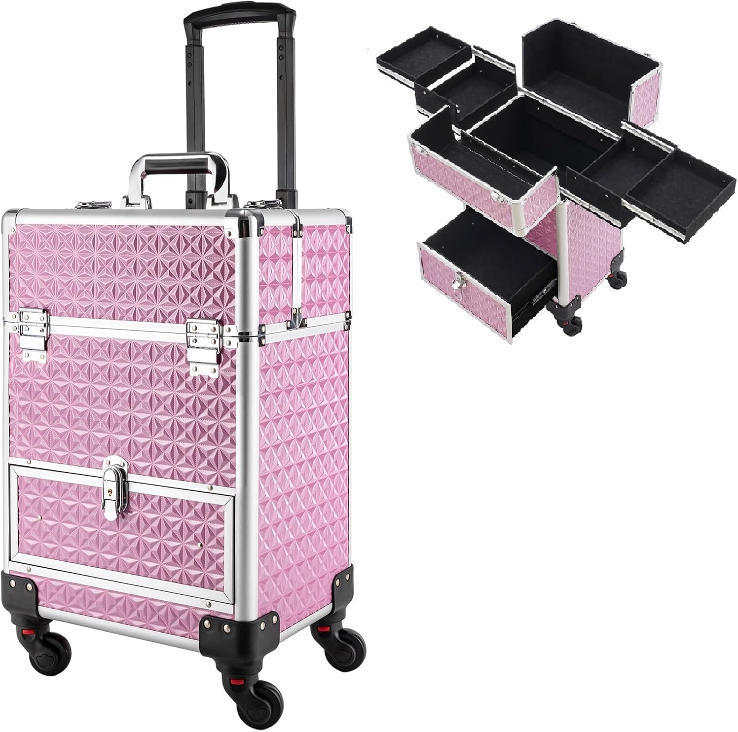 4 in 1 Rolling Makeup Train Case, 13.3"×9.7"×21.5" Portable Cosmetology Case with 6 Compartments & 3 Locks, 44LBS Capacity Rolling Nail Case for Storage Travel Case Makeup Artis, Pink