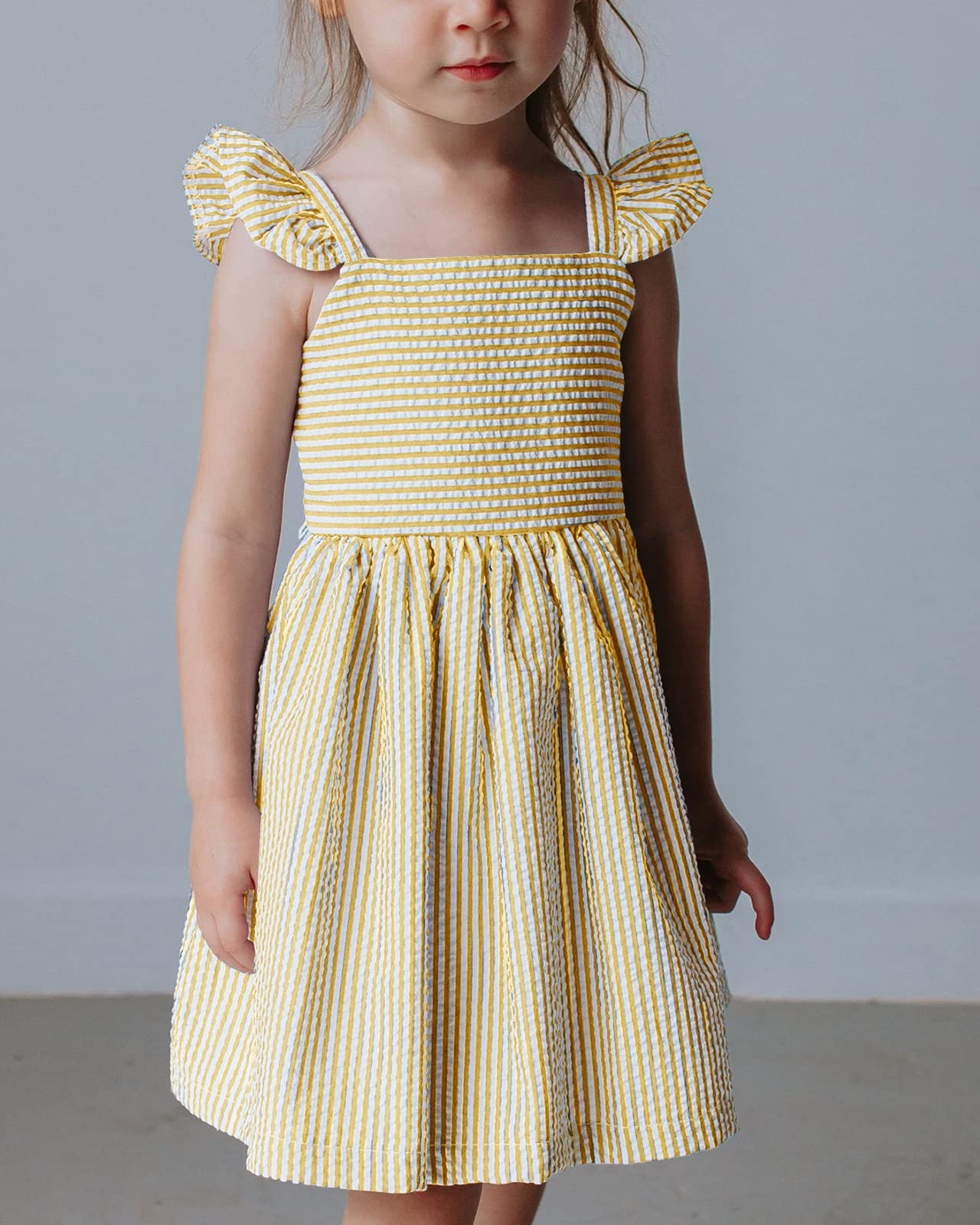 Saodimallsu Vestito estivo da bambina, con spalline sottili, abito da spiaggia, prendisole primaverile, per bambini, a righe, con maniche a volant