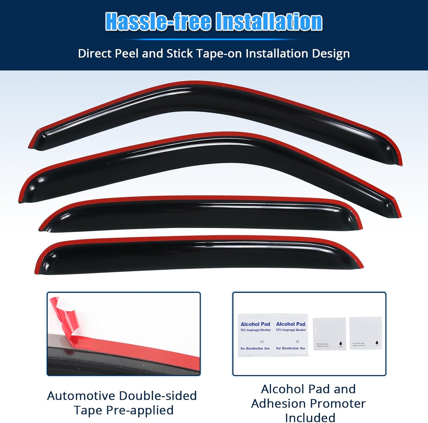 FREEMOTOR802® Tape-on Side Window Visors Wind Deflectors Rain Guards Vent Visors, Compatible with 2001-2006 Chevrolet Silverado & GMC Sierra Crew Cab, Slim Style Smoke Tinted Acrylic 4 Pieces