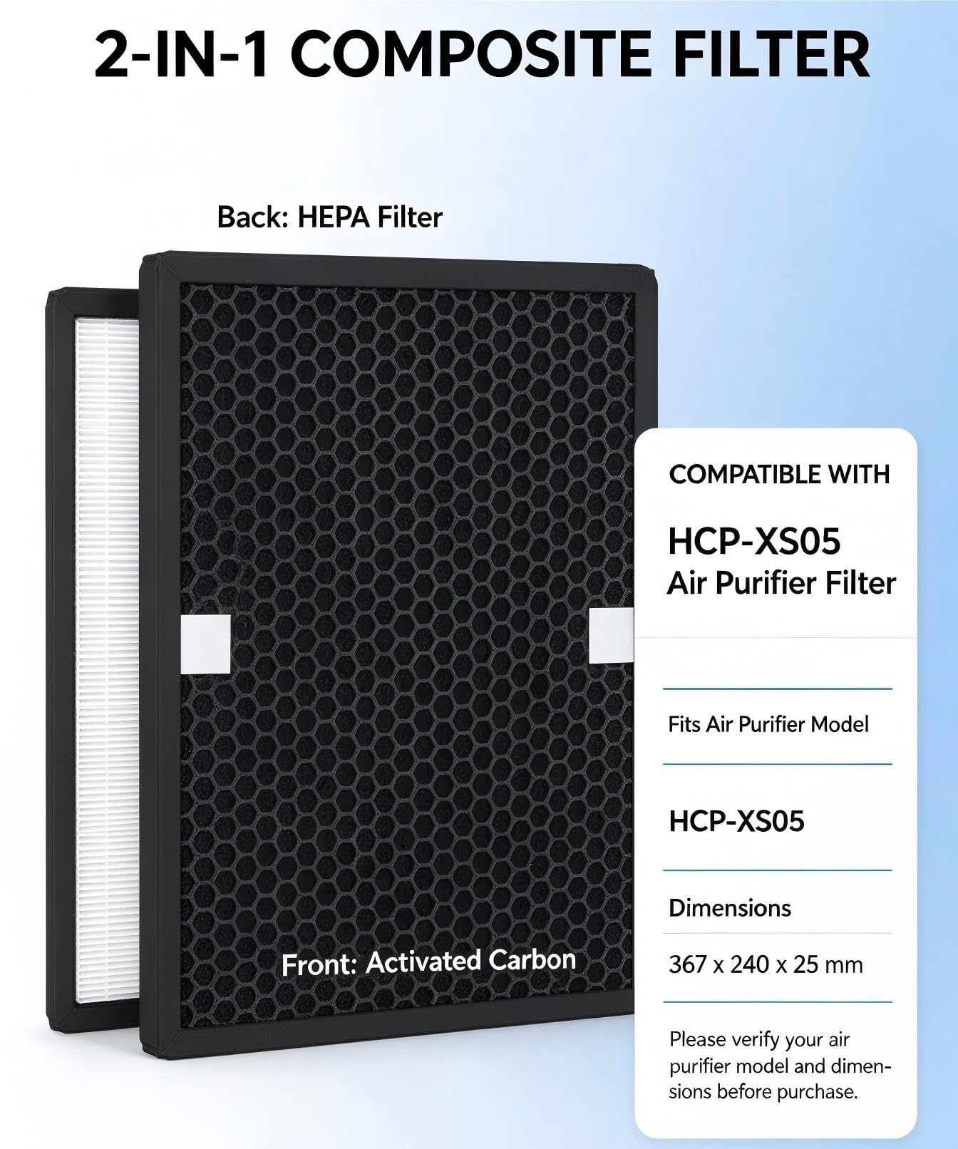 2-in-1-Hepa-Aktivkohle-Verbundfilter For HCP-XS05-Luftreiniger-Ersatzteile, 367 X 240 X 25 Mm
