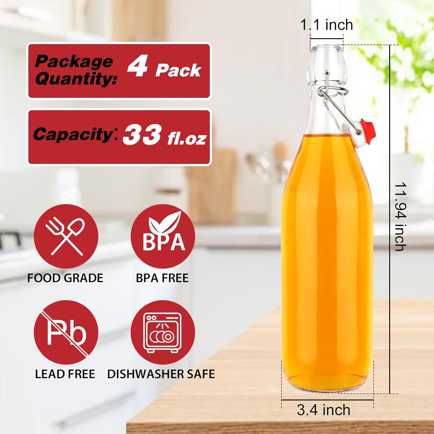 1 Liter Swing Top Glass Bottles, 4 Pack 33 oz Flip Top Bottles with Airtight Stopper for Home Brewing, Kombucha, Beer, Kefir, Beverages - Image 2