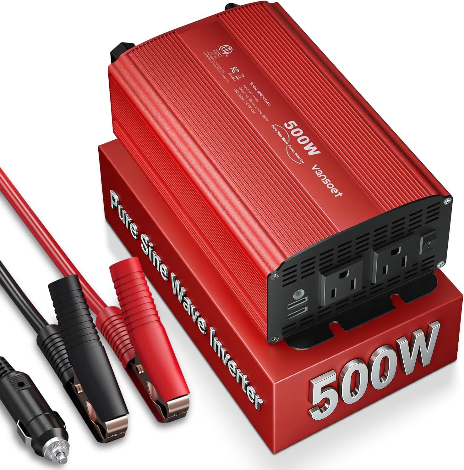 500W Pure Sine Wave Power Inverter DC 12V to 110V AC Car Inverter Adapter with 4.2A Dual USB Charging Ports and 2 AC Outlets Inverter(Red)