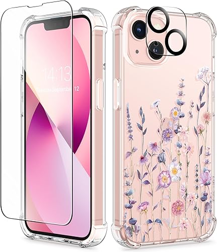 Miniatura 1 de GVIEWIN Funda diseñada para iPhone 13 de 6.1 pulgadas, con protector de pantalla de vidrio templado + protector de lente de cámara, flor