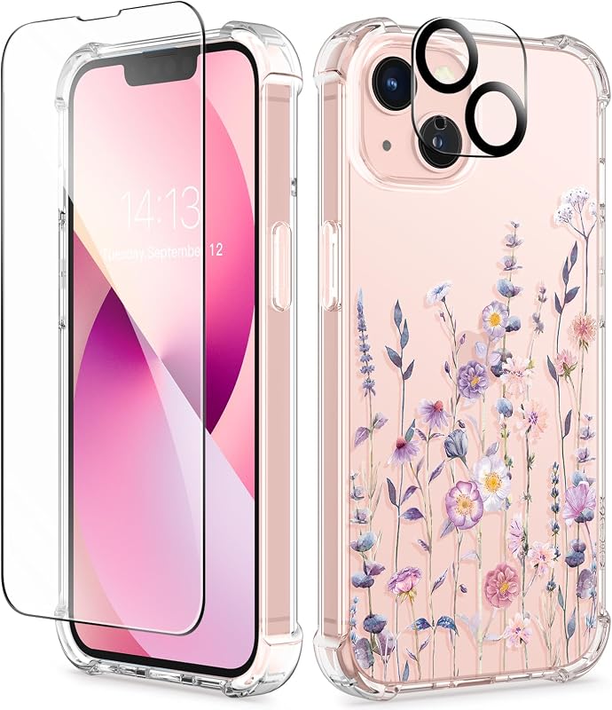 GVIEWIN para iPhone 13 Carcasa Floral, Protector de Pantalla y Protector de Lente de Cámara | Funda de Teléfono Protectora Transparente No Amarillenta, Suave y a Prueba de Golpes para Mujeres, Diseño de Patrón Floral 6.1" (Floratopia/Colorido)