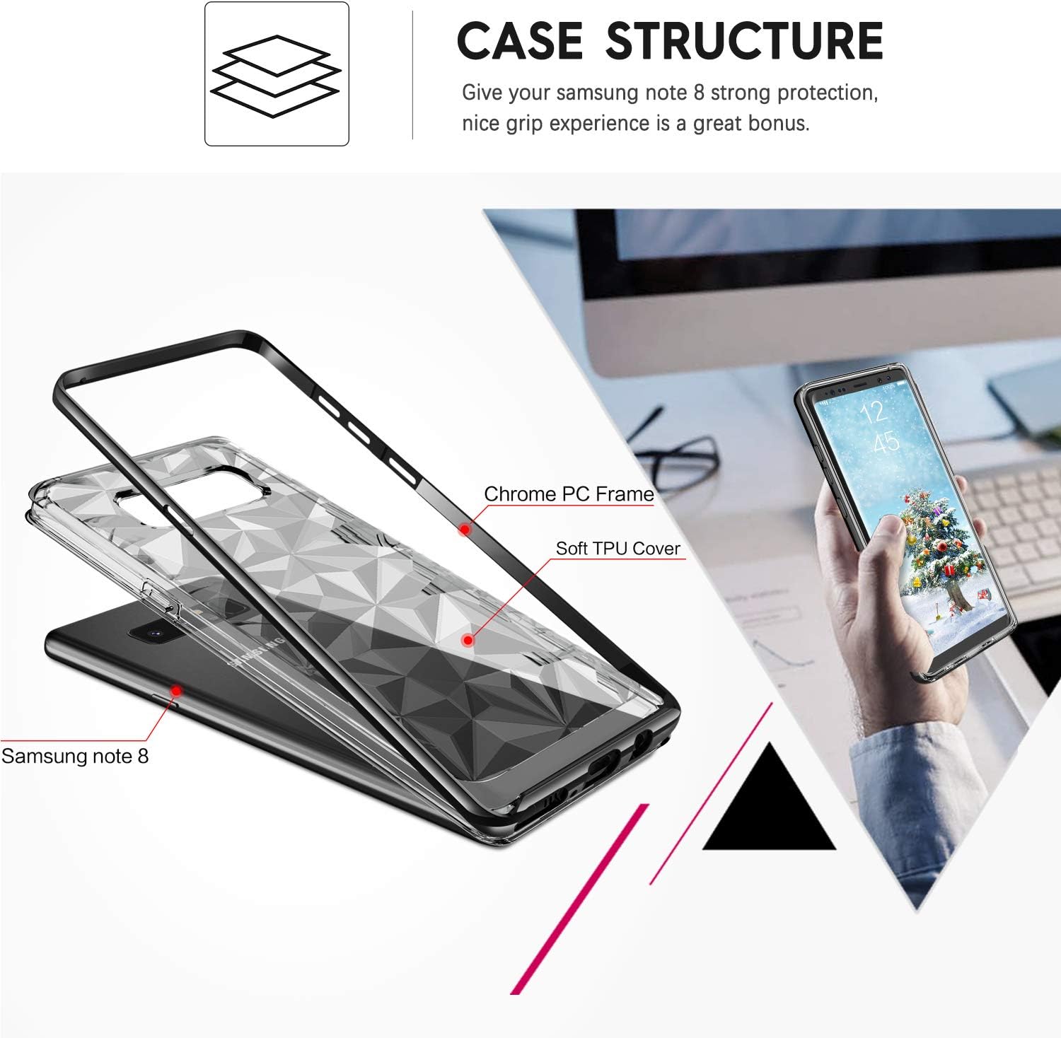 BENTOBEN Case Compatible with Galaxy Note 8, Slim Clear 3D Diamond Geometric Pattern Design Hybrid Soft TPU Hard Chrome Frame Bumper Shockproof Protective Phone Case for Samsung Note8, Black