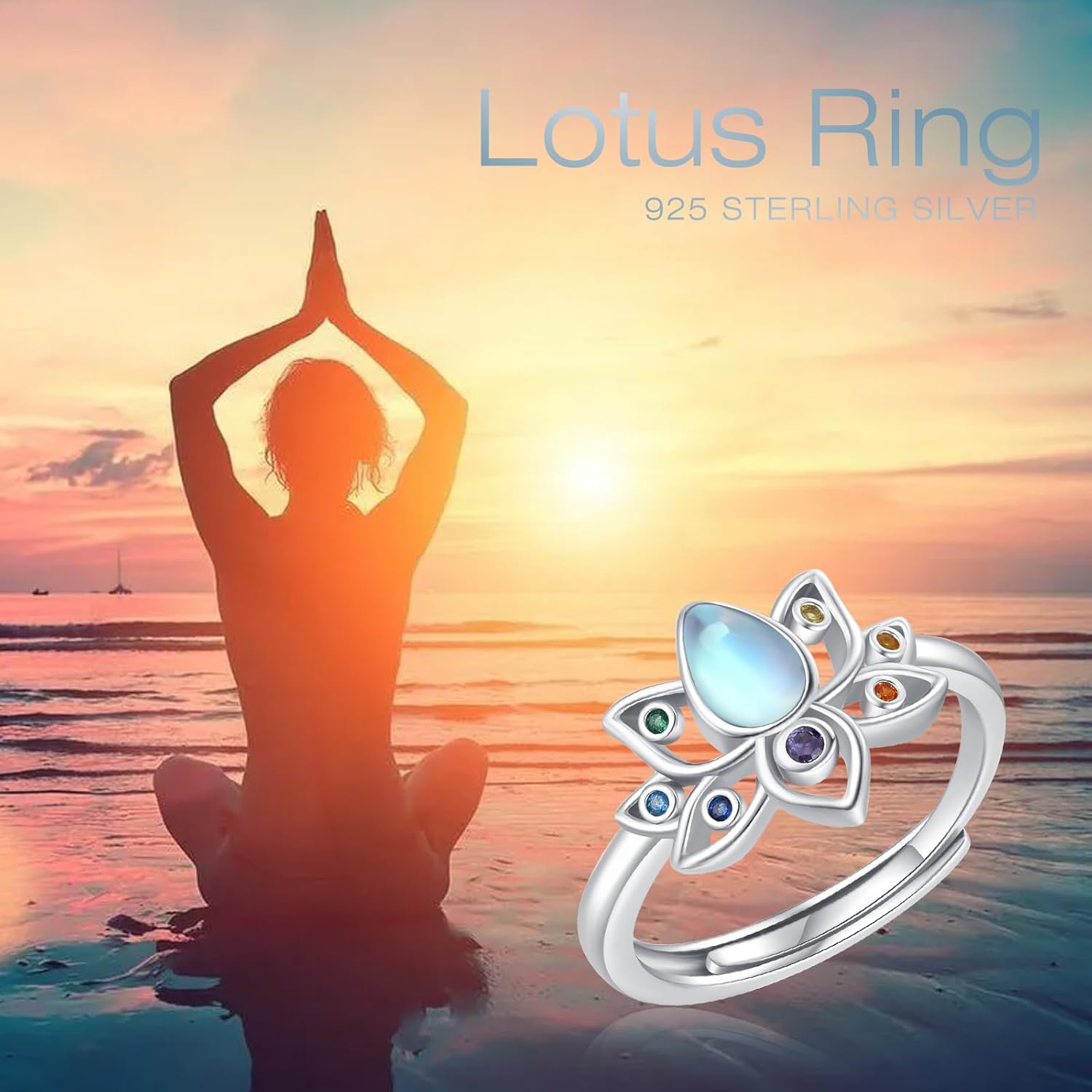 Moonstone Lotus Ring for women S925 Sterling Silver Lotus Flower Chakra Ring Yoga Adjustable Protecting Jewelry Gifts for Birthday Christmas #7# 8# 9 - Image 6