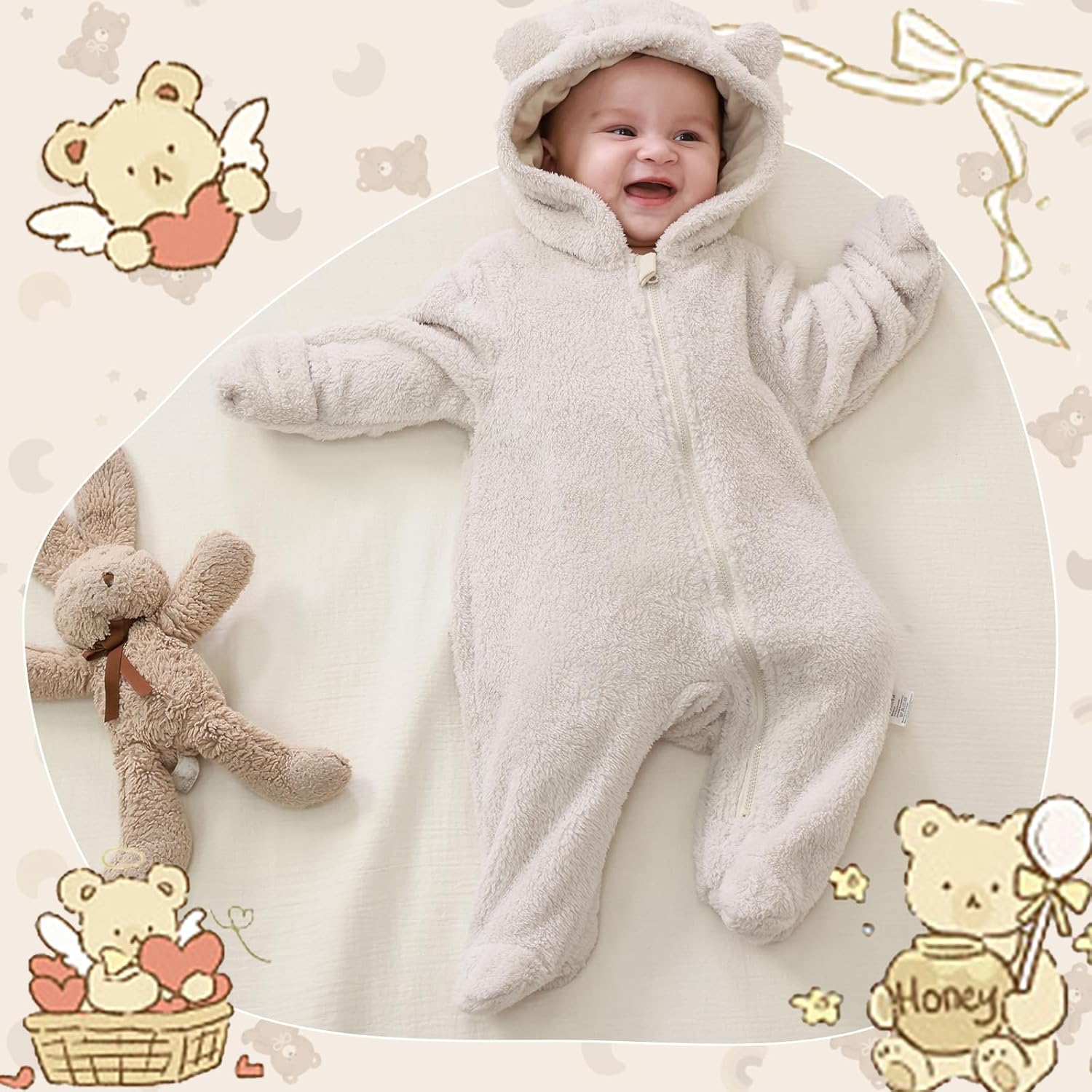 UVIPC Newborn Baby Bear Fleece Outfit Footie Jumpsuit Winter Romper Snowsuit outfit Bear Suit Warm Hooded Outfits - Image 5