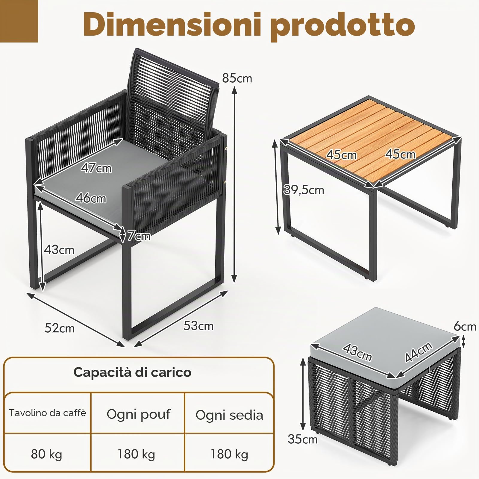 GIANTEX Set di Mobili da Giardino in Rattan per 2-4 Persone, Tavolo da Giardino con Piano in Legno e 2 Sedie (Capacità 180 kg), 2 Sgabelli, 4 Cuscini Rimuovibili, Arredamento da Giardino per Patio