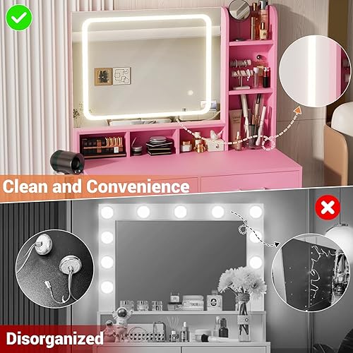 Miniatura 3 de Escritorio de tocador pequeño, escritorio de tocador con espejo y luces, escritorios de maquillaje con regleta de enchufes, mesa de tocador con