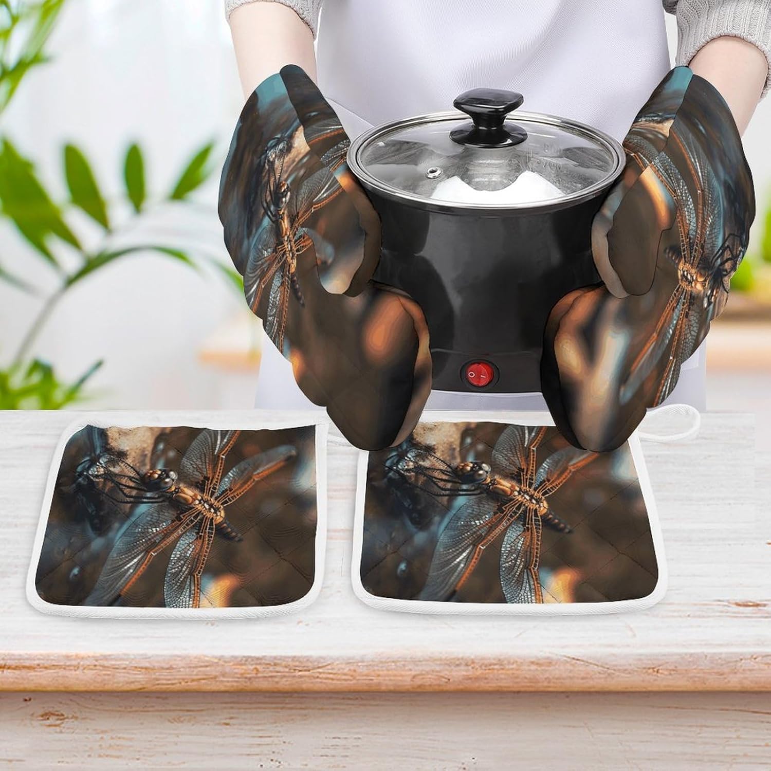 Oven Mitts Pot Holders Kitchen Dragonfly on The Water Heat Resistant Oven Glove for Baking and Cooking