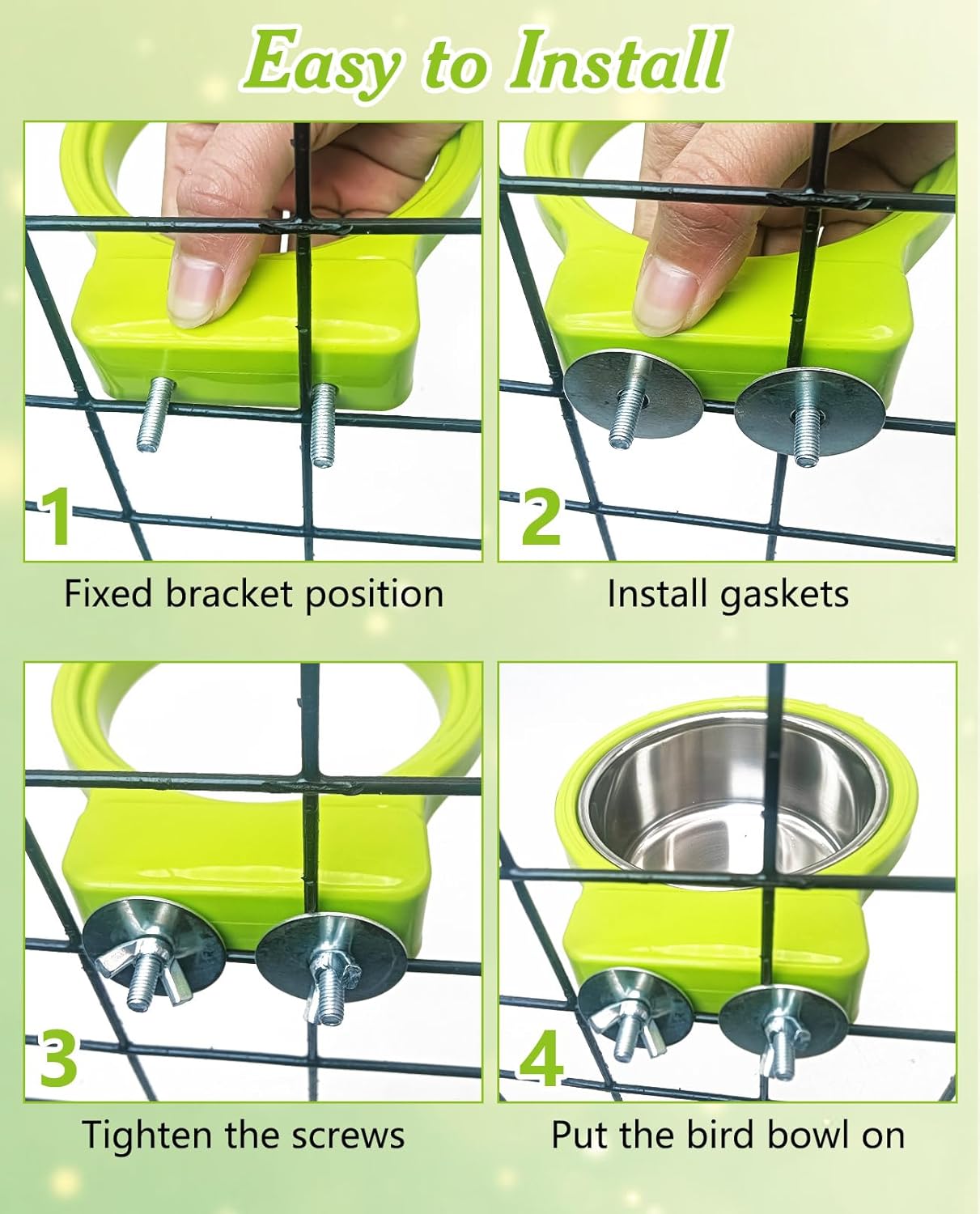 BNOSDM Hanging Stainless Steel Bird Bowls 4 PCS Bird Feeding Dish Cups with Perch Stand Birds Food Container Food and Water Bowls with Spoon for Budgie Cockatoo Finch Lovebirds Pigeons (Green)