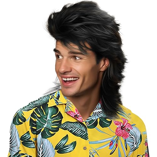 Mullet Wigs for Men 70s & 80s Costumes Party Synthetic Wigs Realistic (Black)