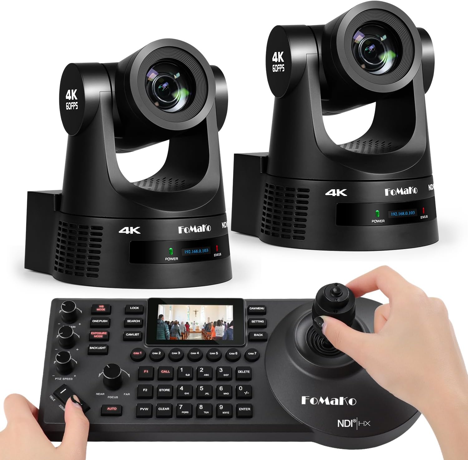 FoMaKo 4K 60fps NDI PTZ Camera Bundle, Supports NDI HX3 4K 60fps Output, 20x Optical Zoom, Gen 3 AI Auto-Tracking, 3G-SDI/HDMI/NDI/USB/PoE, for Church Worship & Live Studio,K600N x2+KC608, BK202